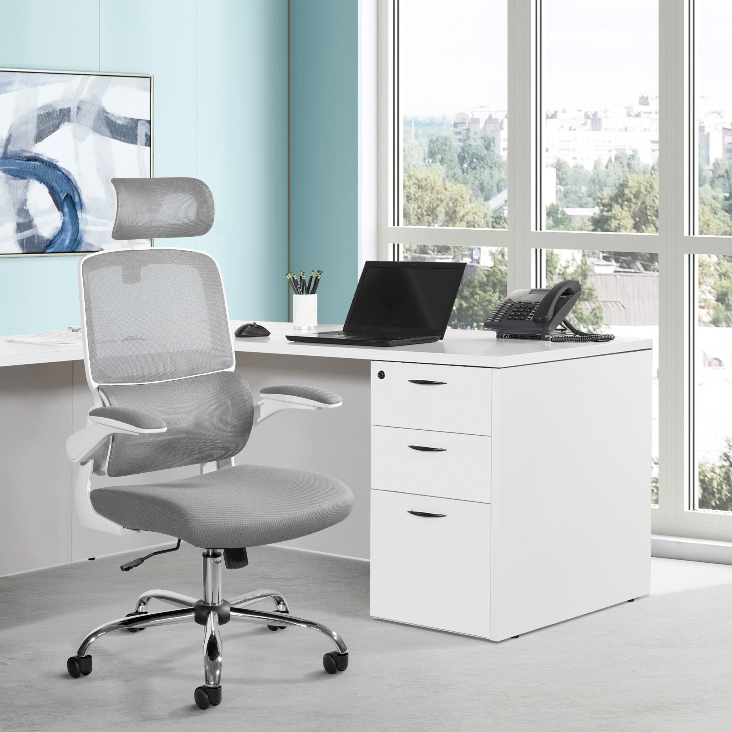Mesh Back Manager’s Chair with Headrest - Grey/White