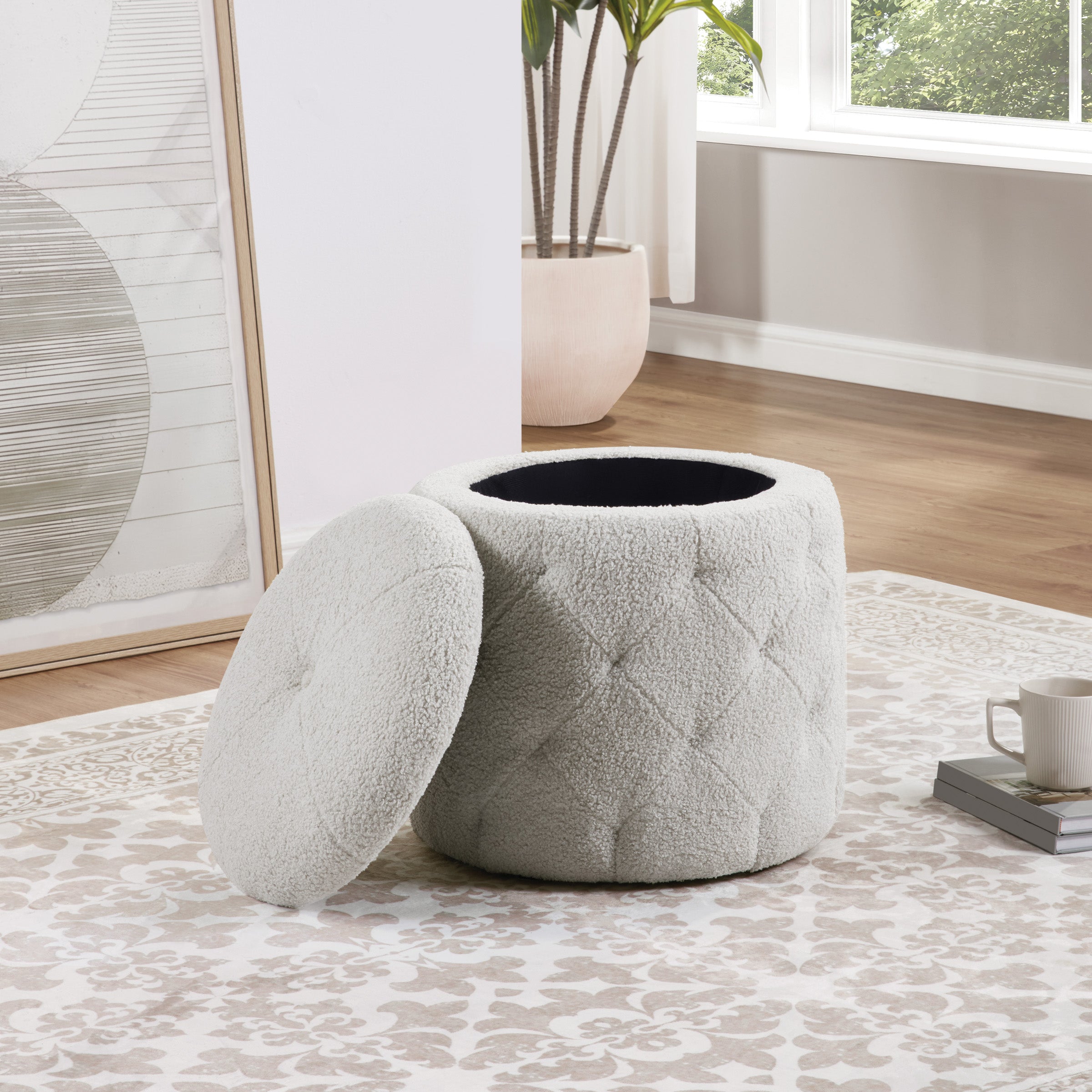 Erindale Round Storage Ottoman - Sherpa Fog