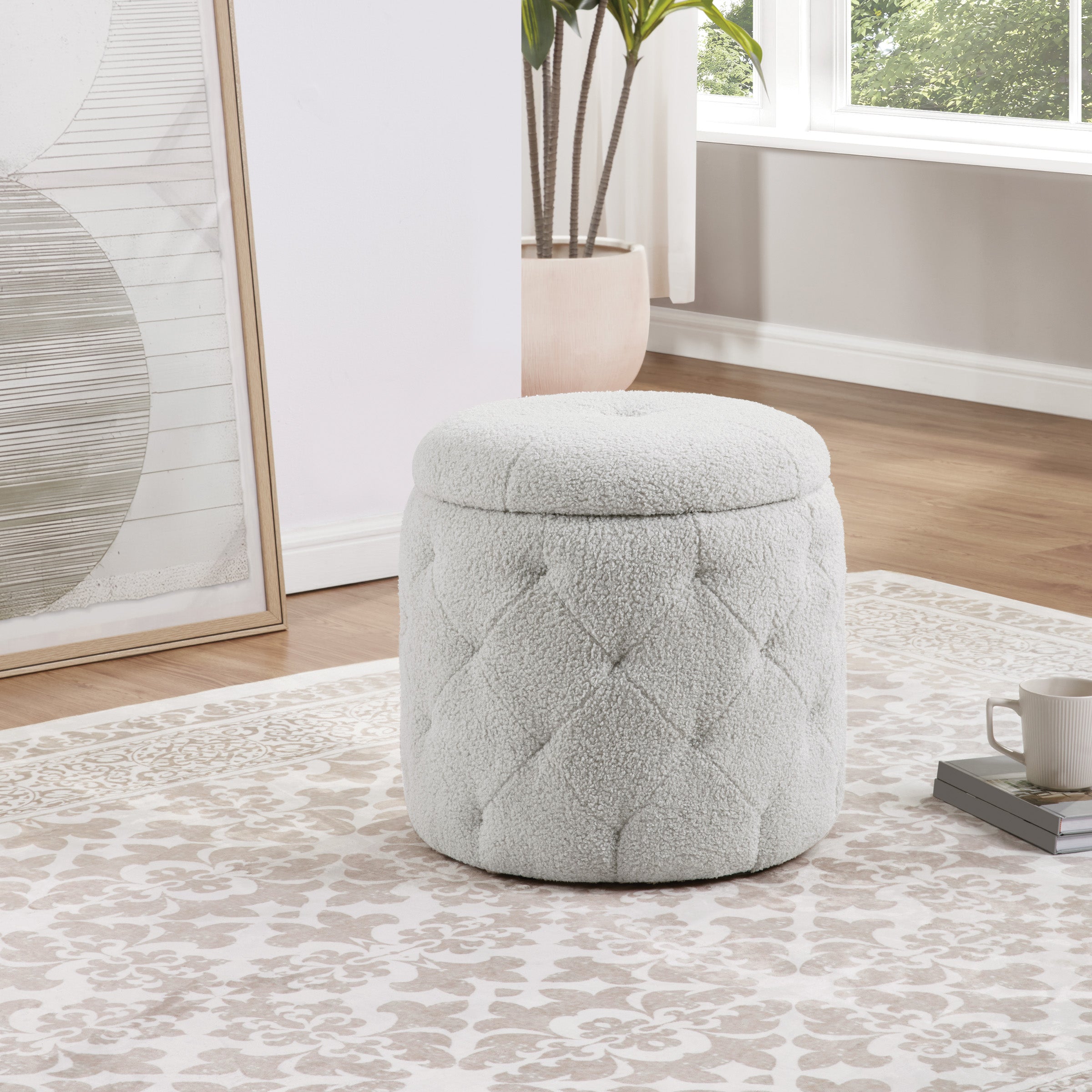 Erindale Round Storage Ottoman - Sherpa Fog