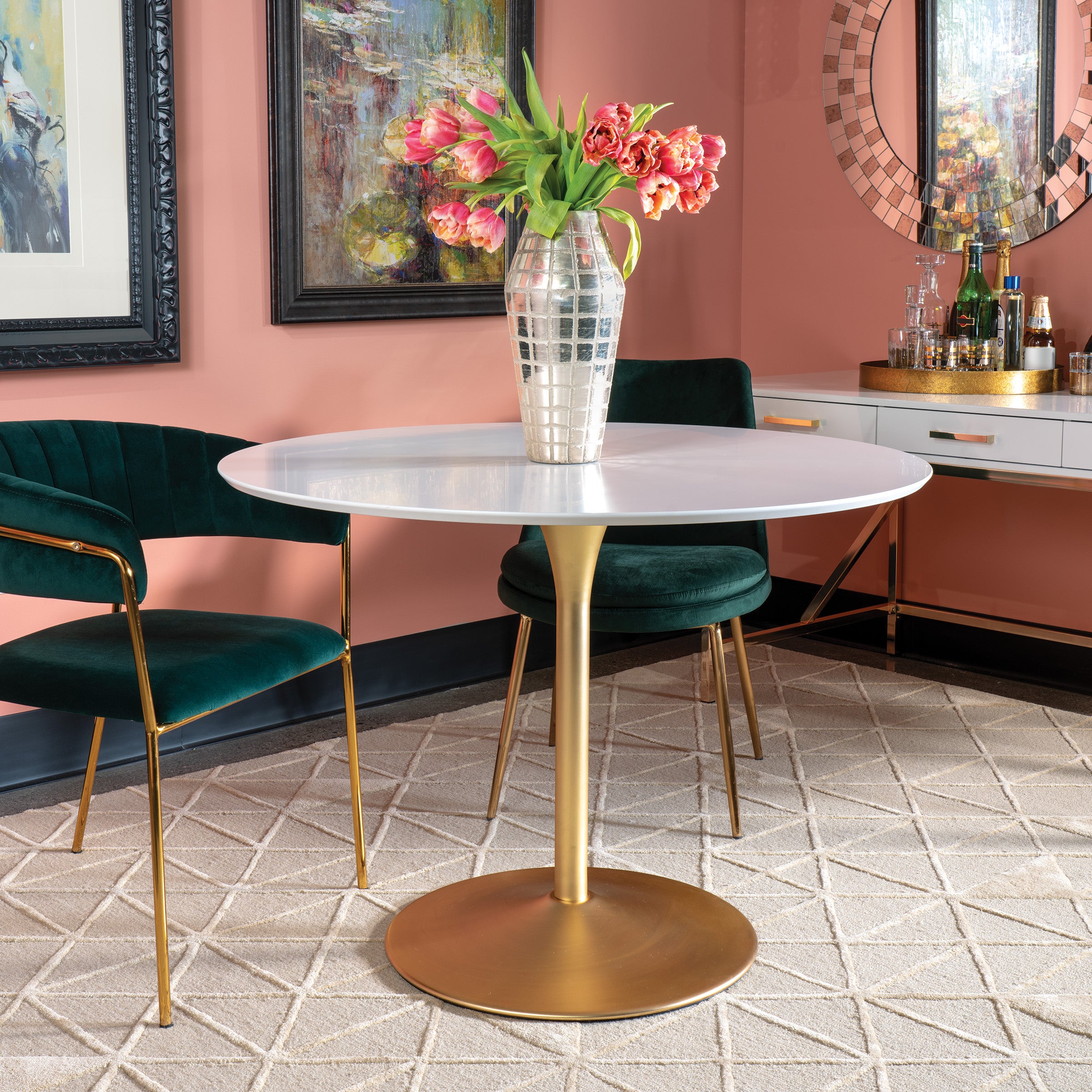 Flower Dining Table - White/Brass
