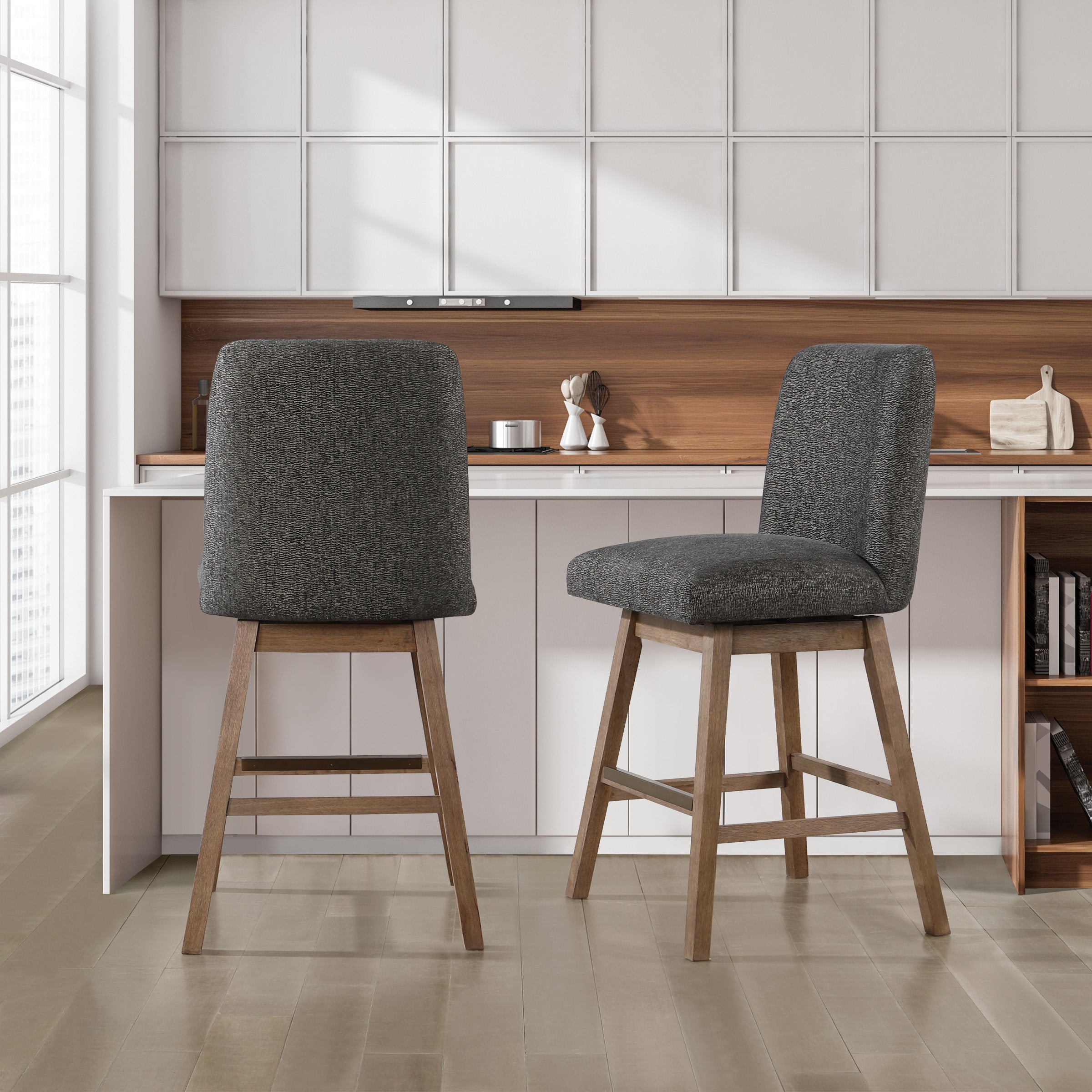 Finley 30" Swivel Barstool 2-Pack - Charcoal/Med Oak