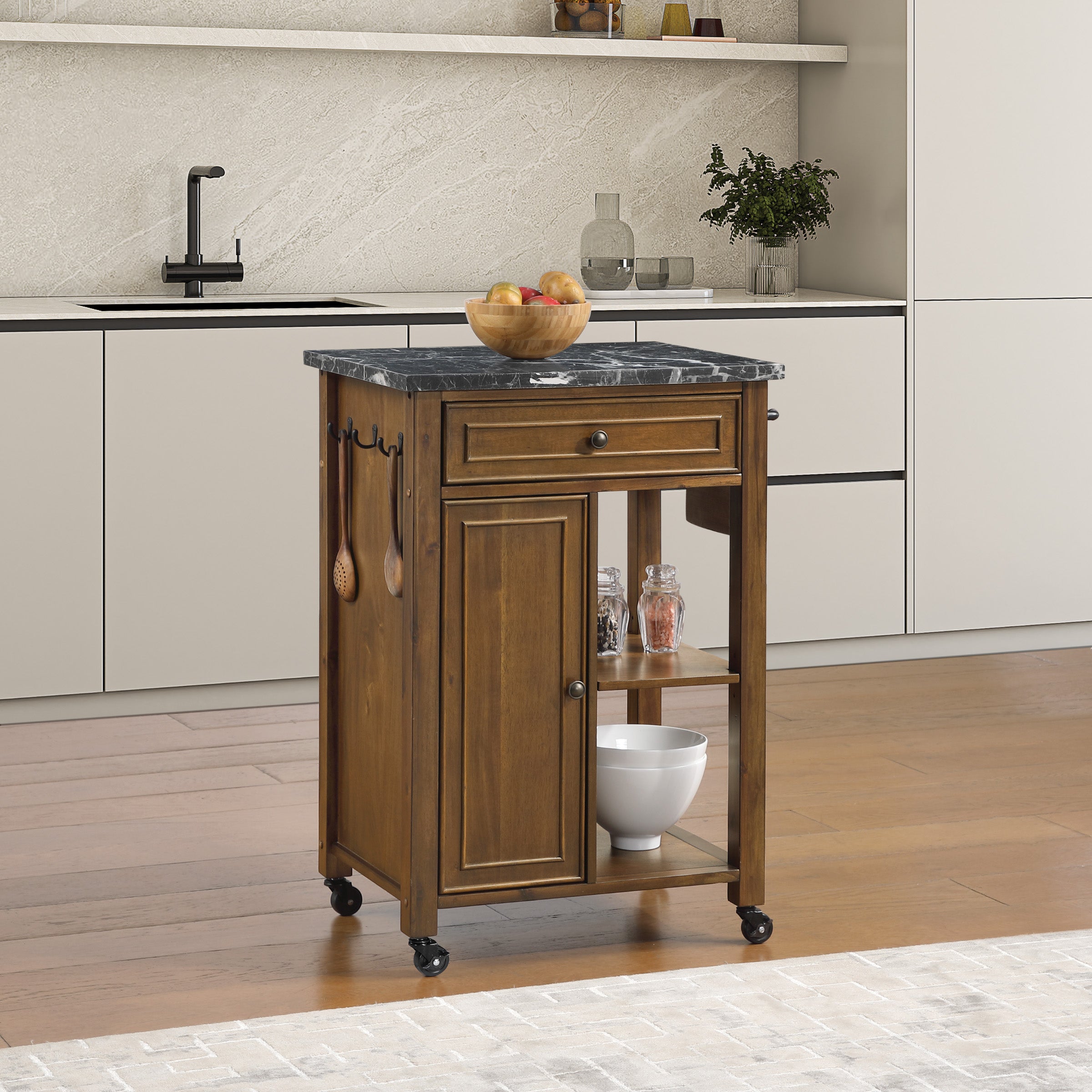 Fairmont Kitchen Cart With Faux Marble Top and Oak Finish Wood