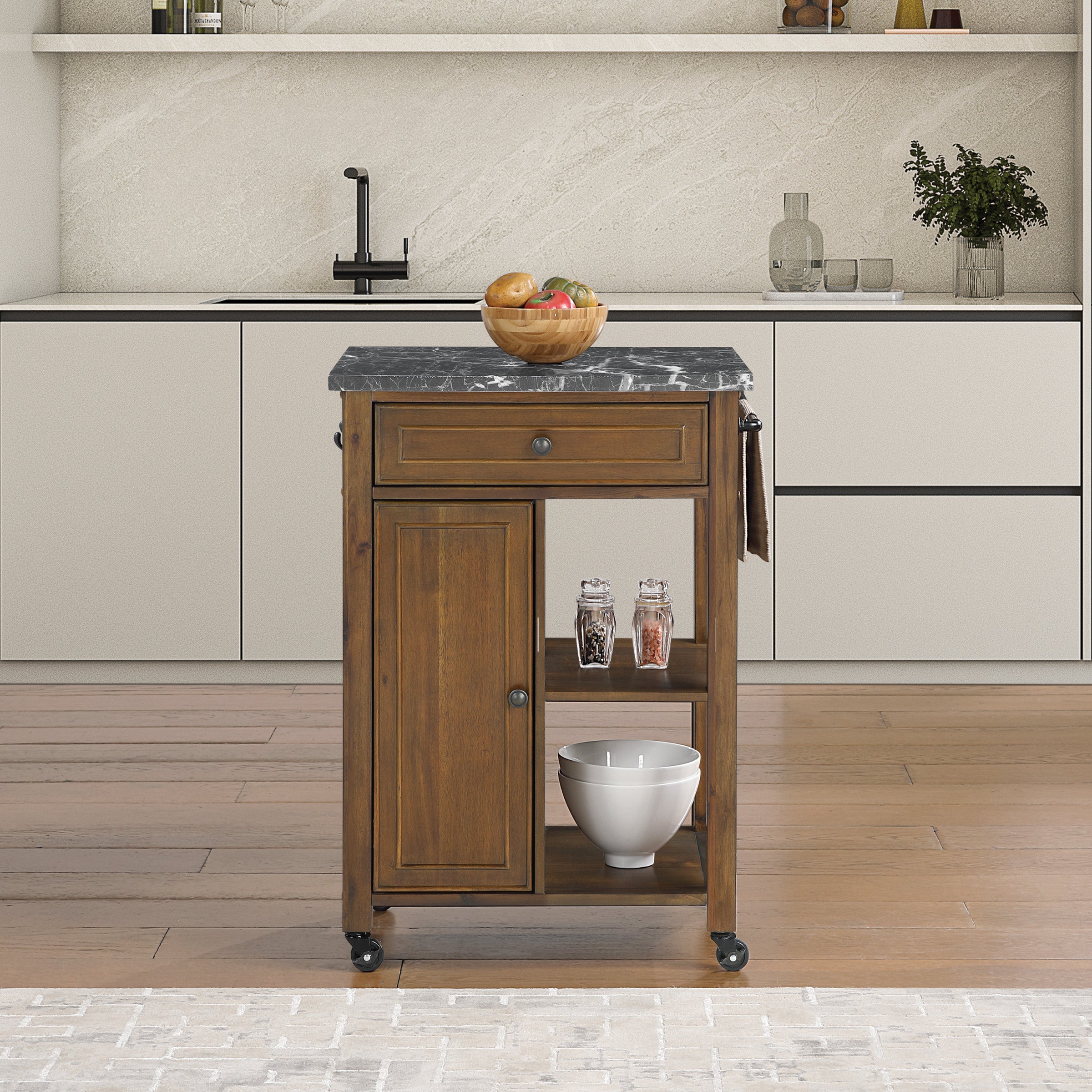 Fairmont Kitchen Cart With Faux Marble Top and Oak Finish Wood