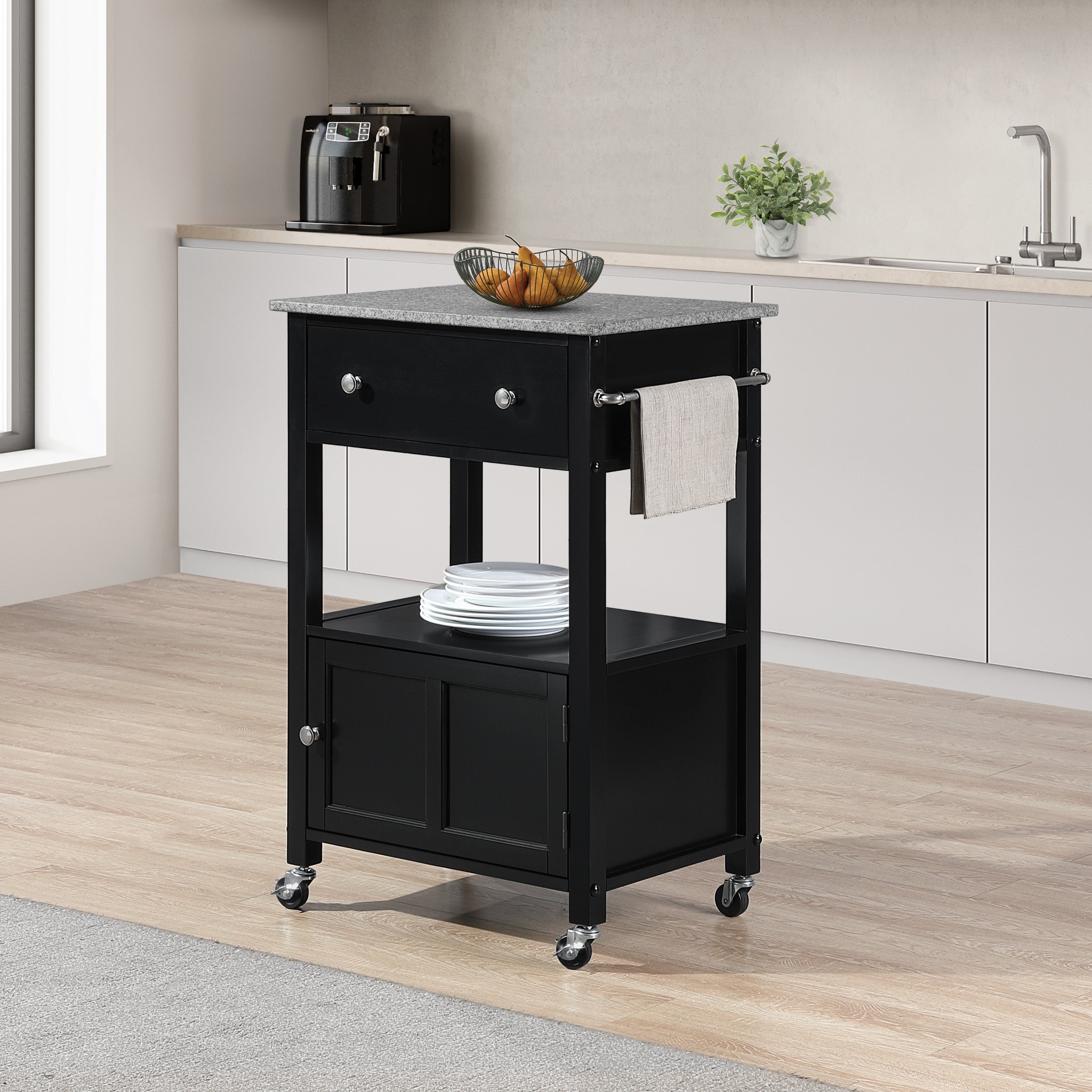 Fairfax Kitchen Cart with Granite Top and Black Base