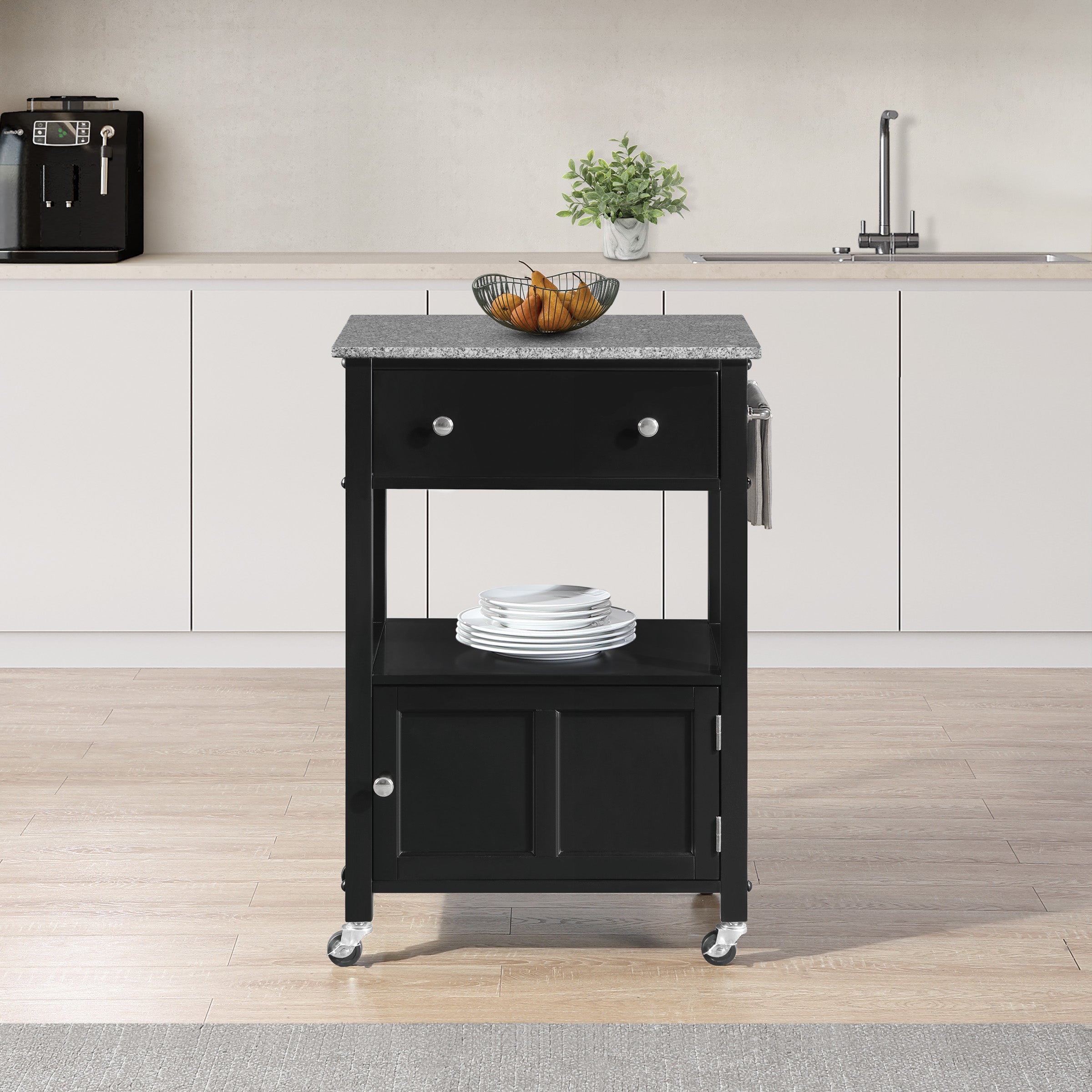 Fairfax Kitchen Cart with Granite Top and Black Base