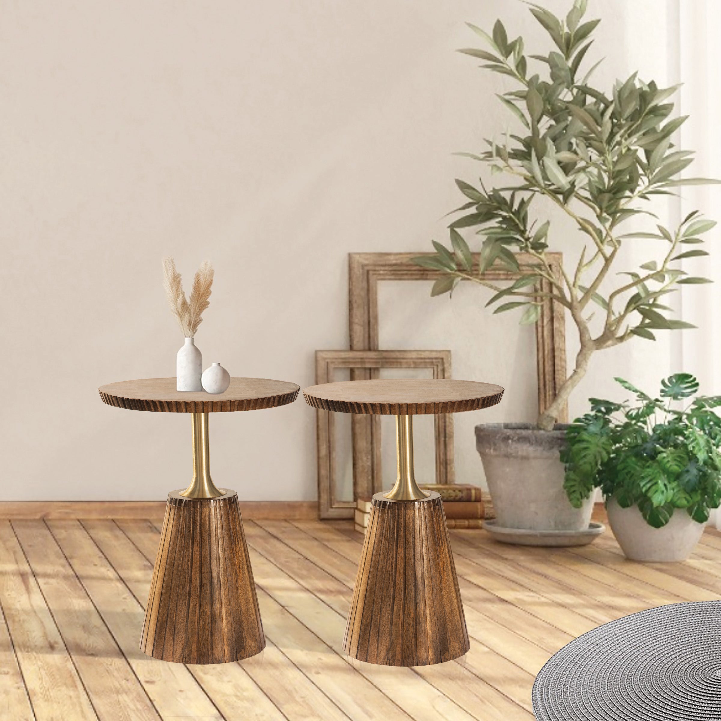 Round Side Table in Golden Honey Wood Top with Metal Base - 2 Pack