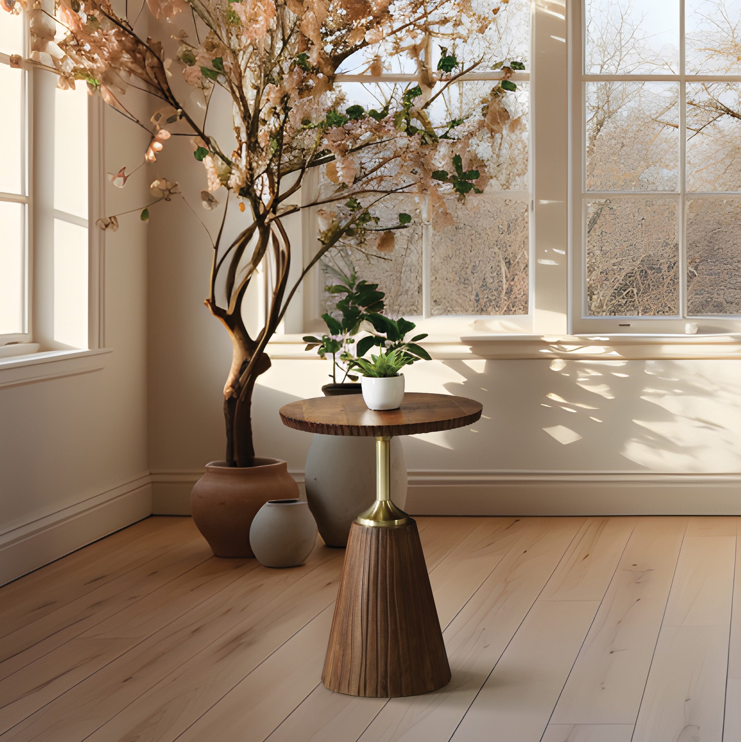 Wood and Brass Accent Side Table - Golden Honey