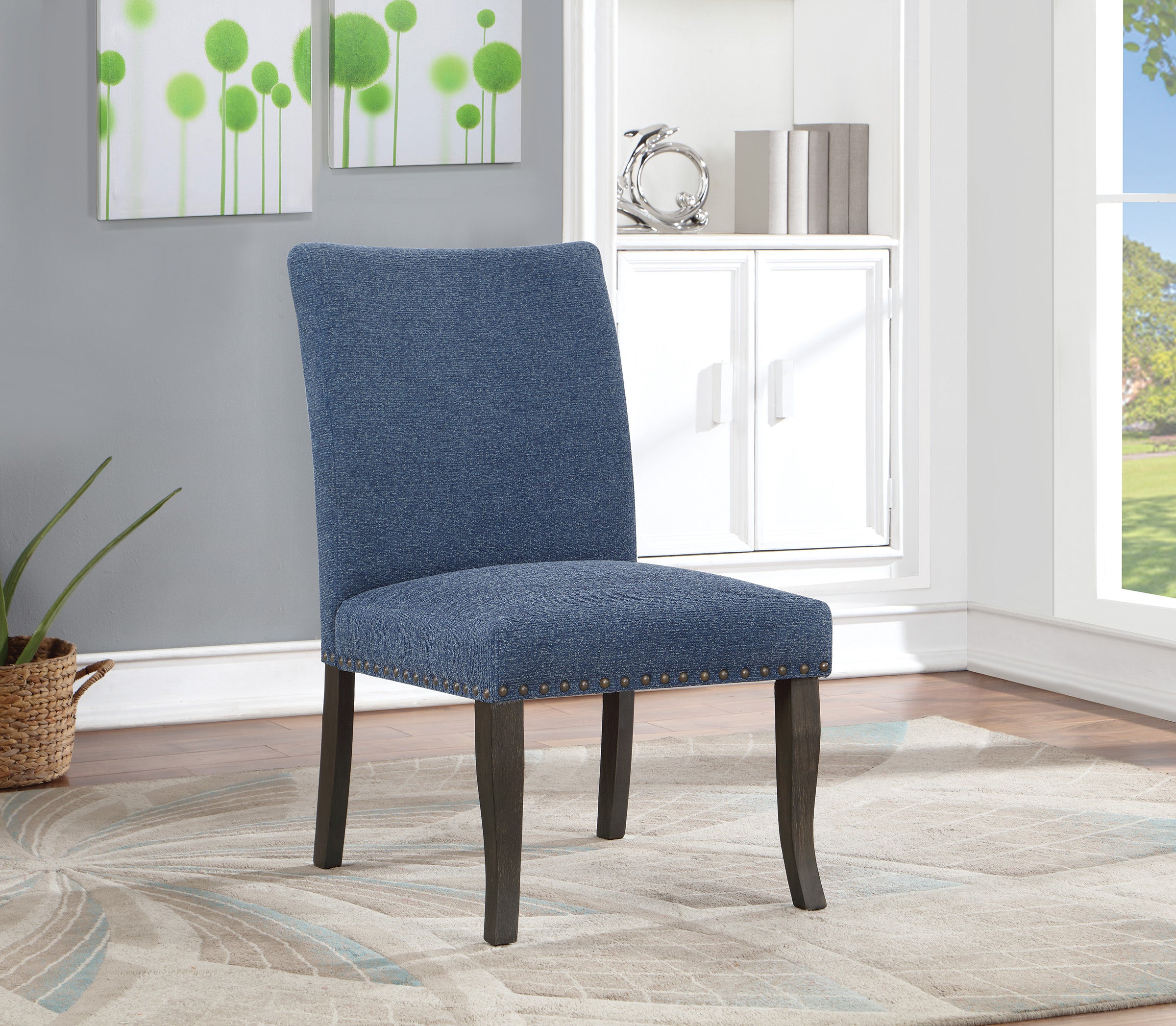 Hamilton Dining Chair 2-Pack with Antique Bronze Nailheads and Grey Washed Legs in Atlantic Fabric