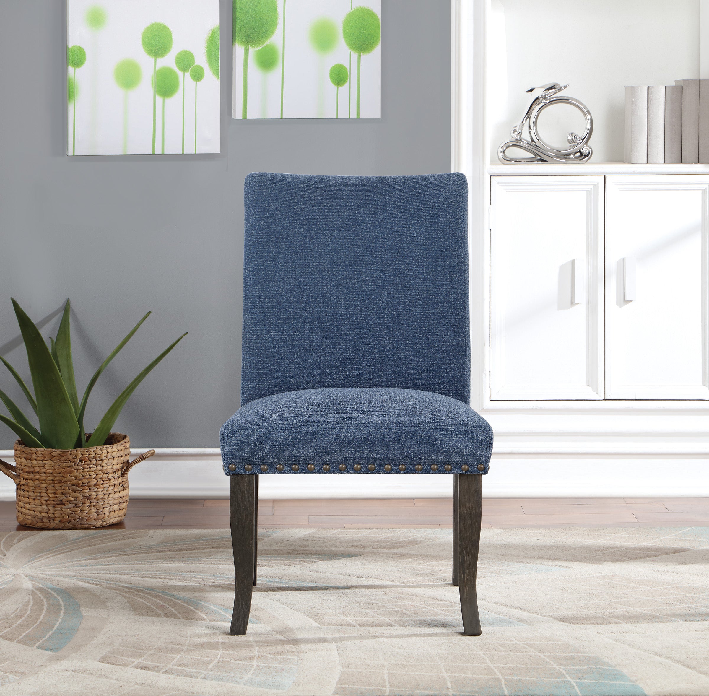 Hamilton Dining Chair 2-Pack with Antique Bronze Nailheads and Grey Washed Legs in Atlantic Fabric