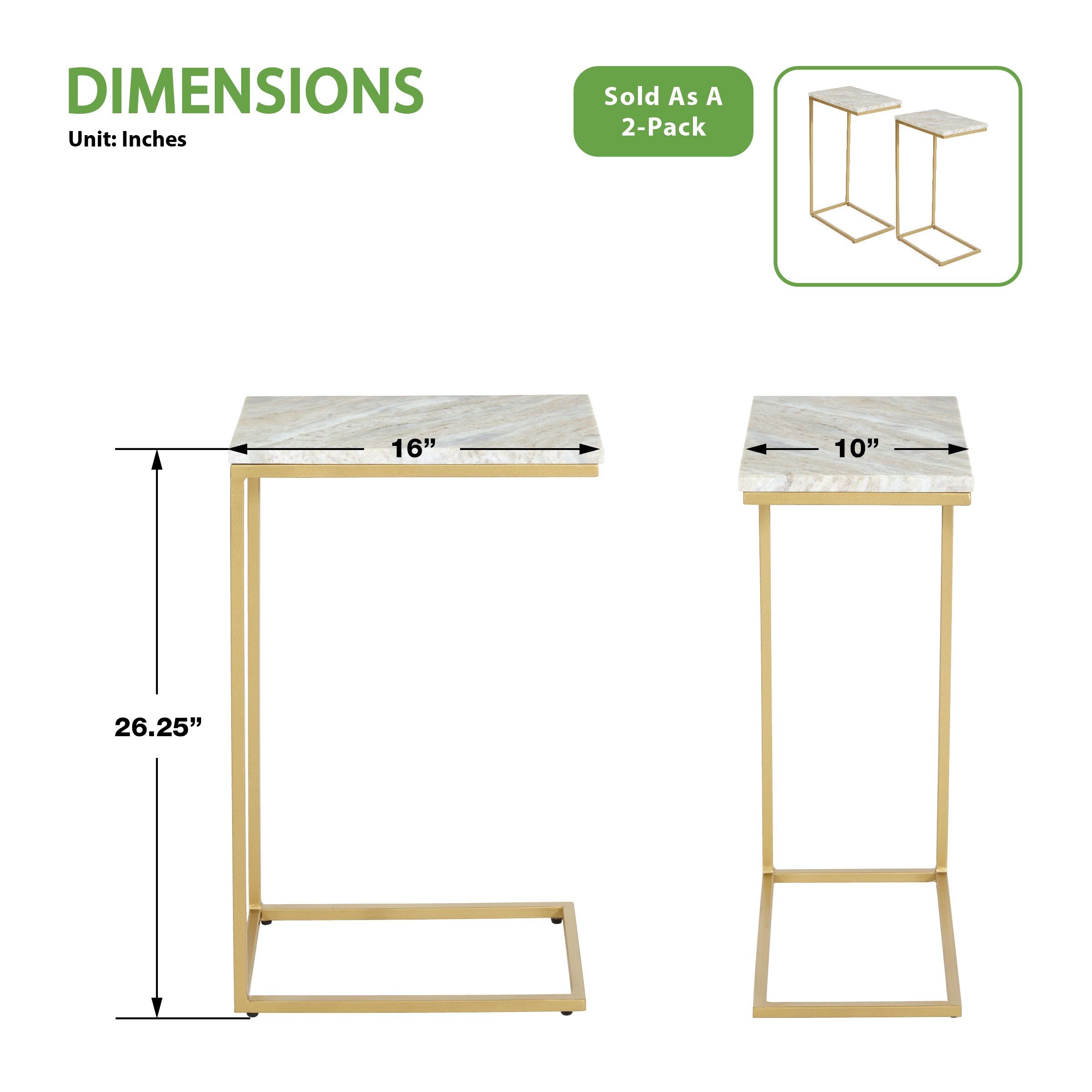 Solid Marble Top C-Table - White / Gold