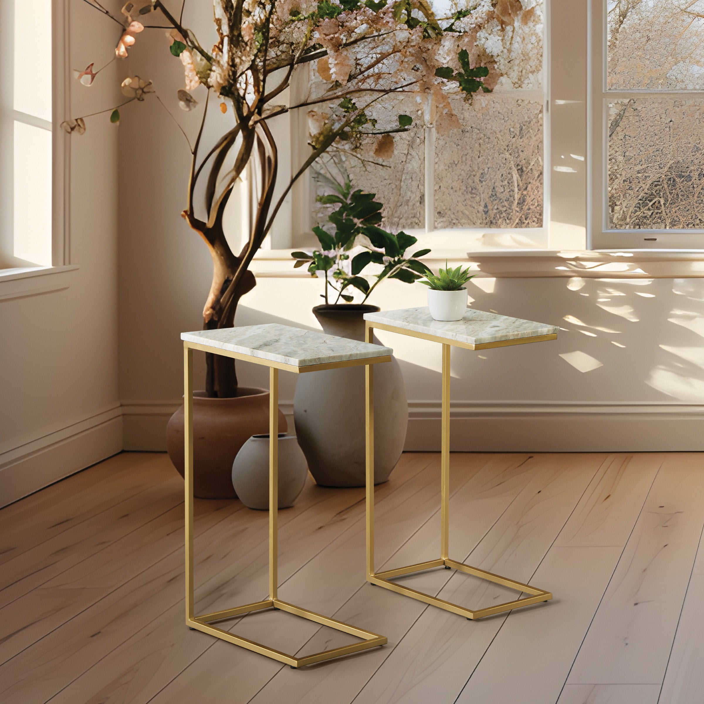Solid Marble Top C-Table - White / Gold