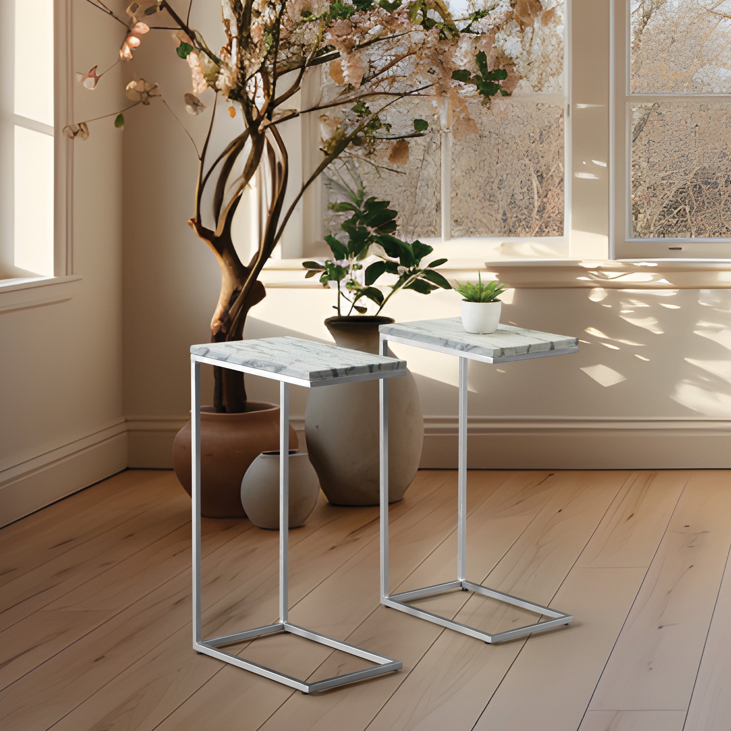 Solid Marble Top C-Table - Grey / Chrome