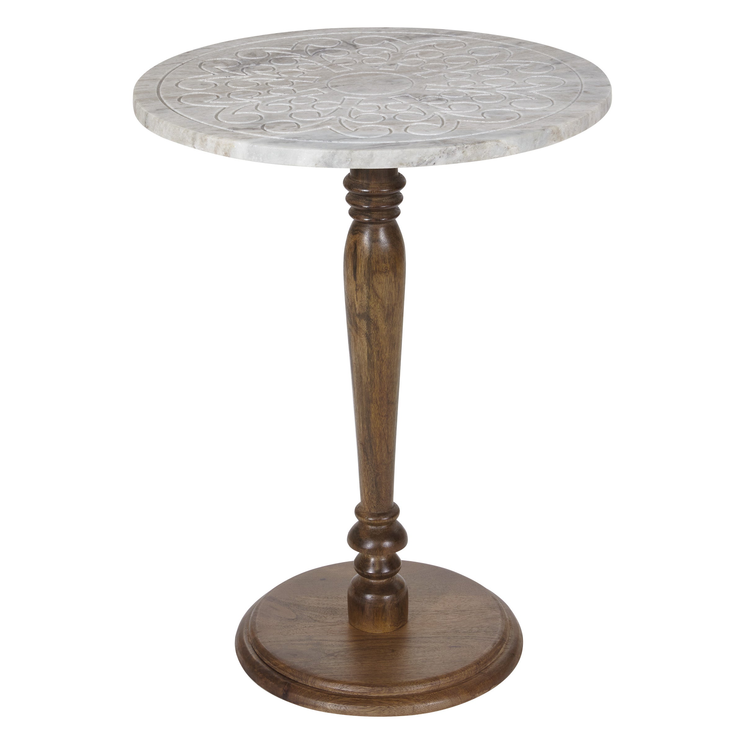 Carved Marble Top Side Table - White Marble/Mango Wood