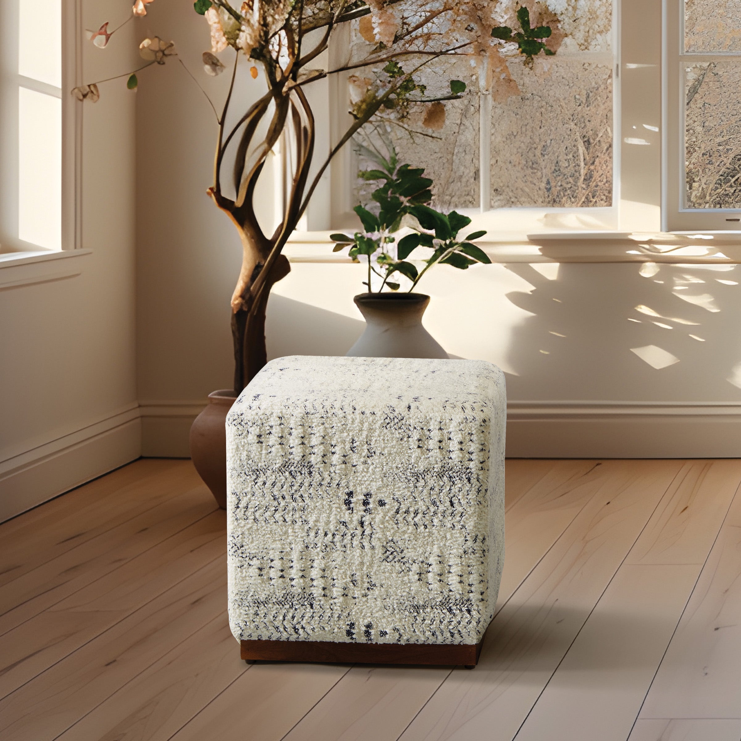 Square Ottoman in Boho Style - Geometric Pattern Woven
