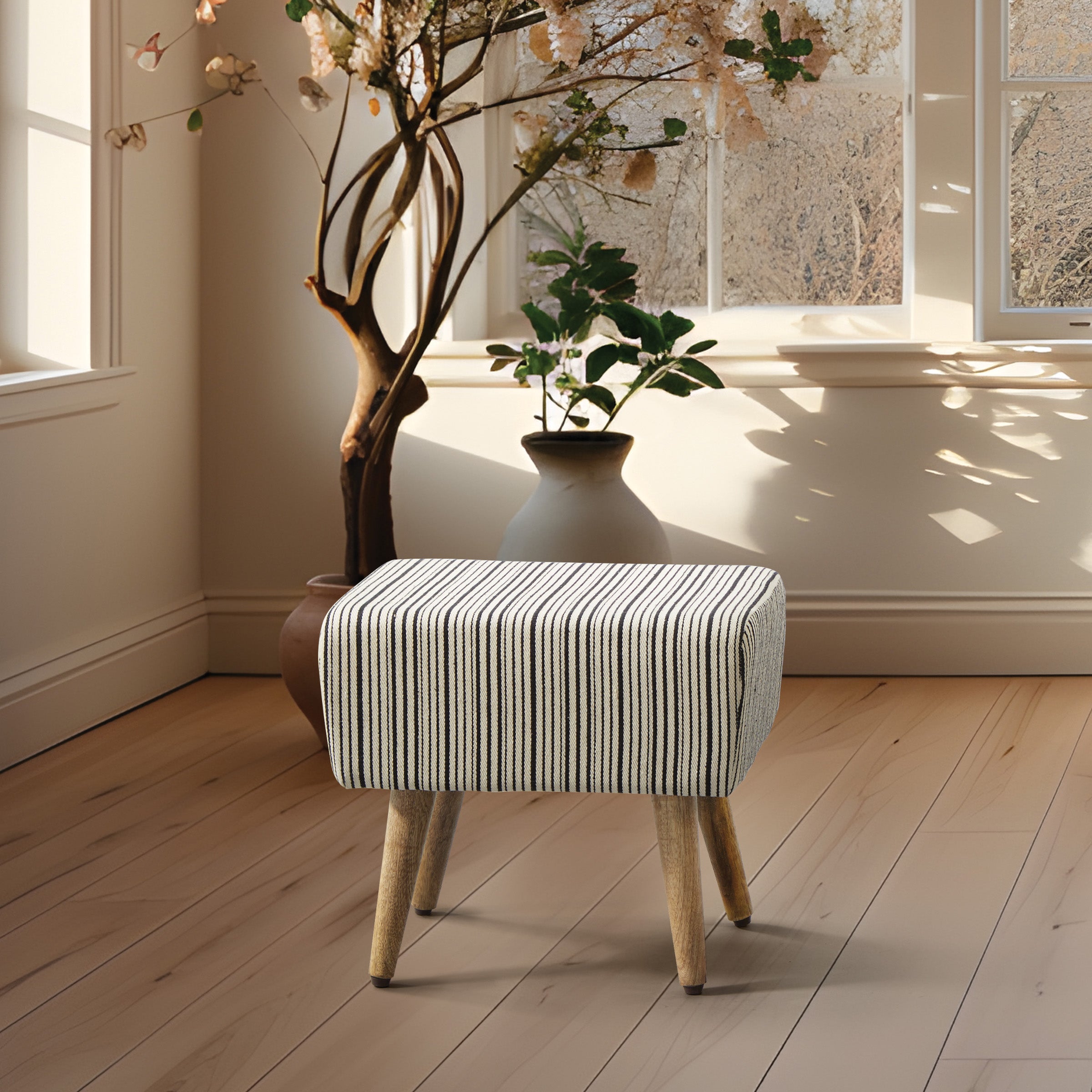 Striped Ottoman Accent Bench - Black/White striped Weave