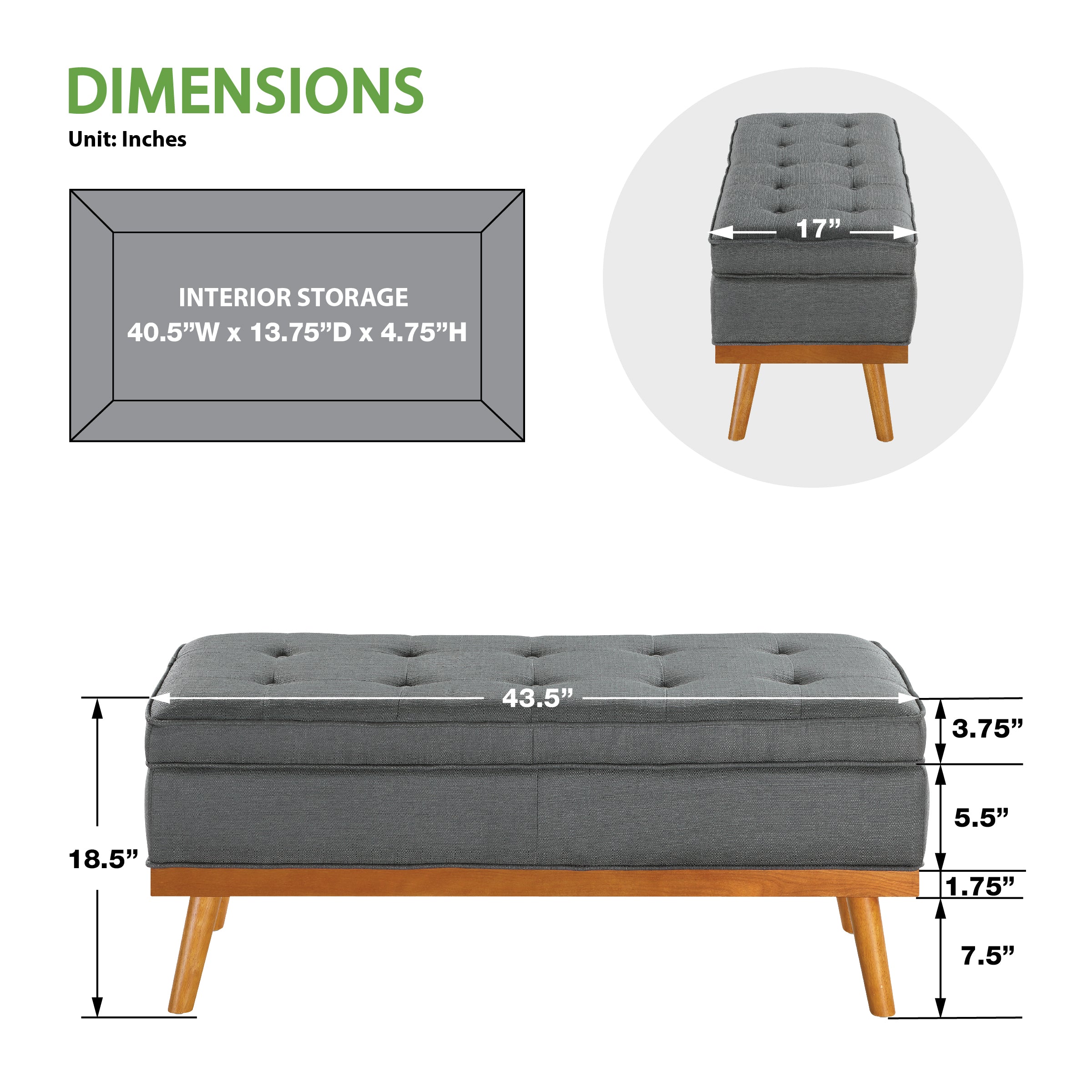 Katheryn Storage Bench - Charcoal
