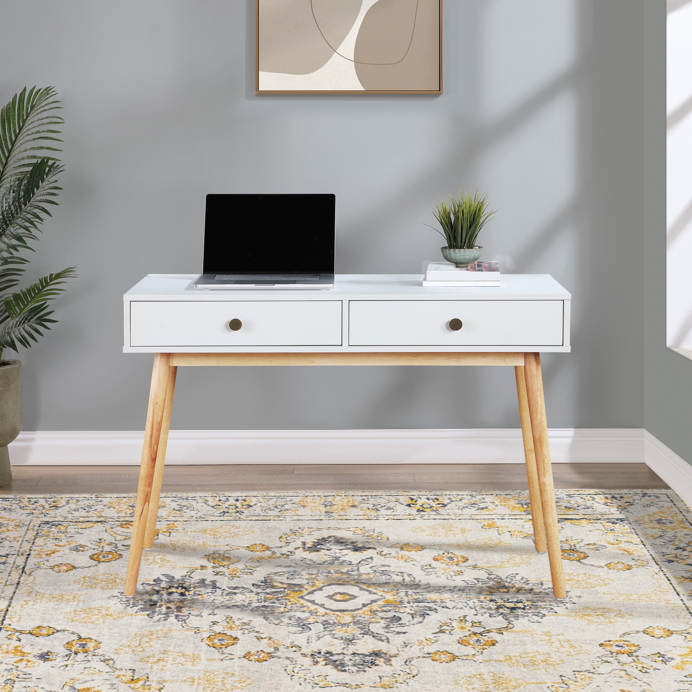 Kayla Mid-Century Writing Desk - White/Light Wood