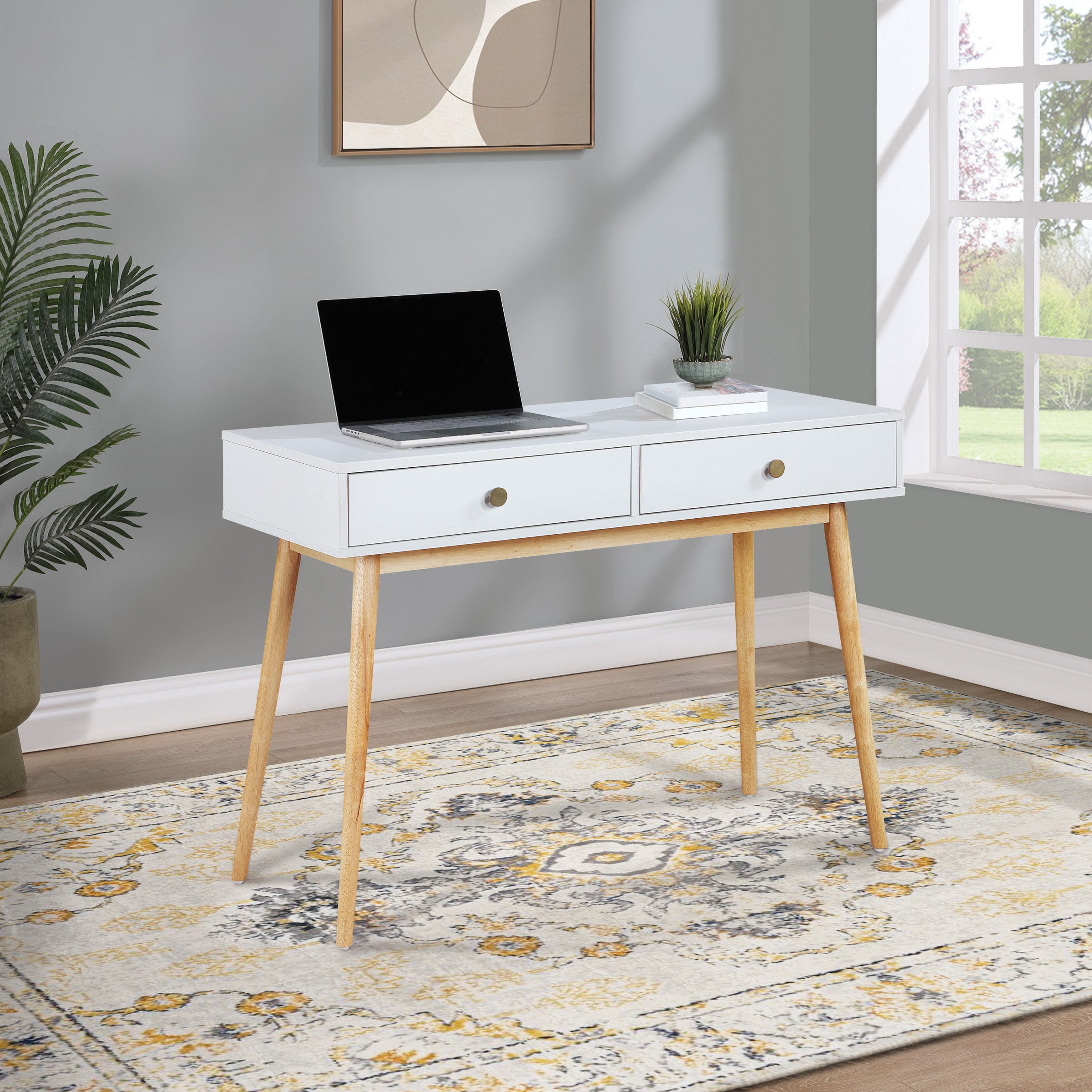 Kayla Mid-Century Writing Desk - White/Light Wood