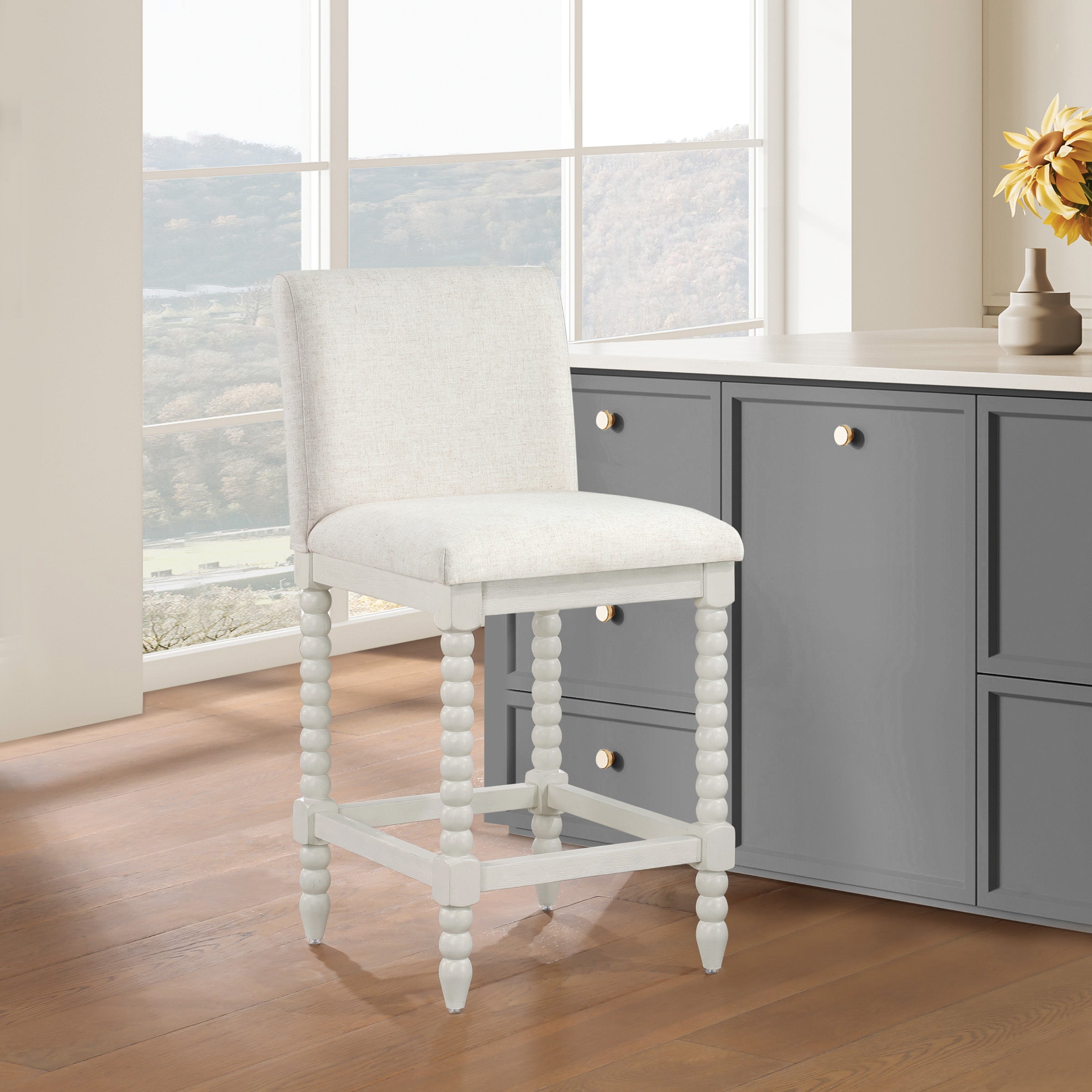 Kaylee 26 Spindle Counter Stool - Linen / Antique White