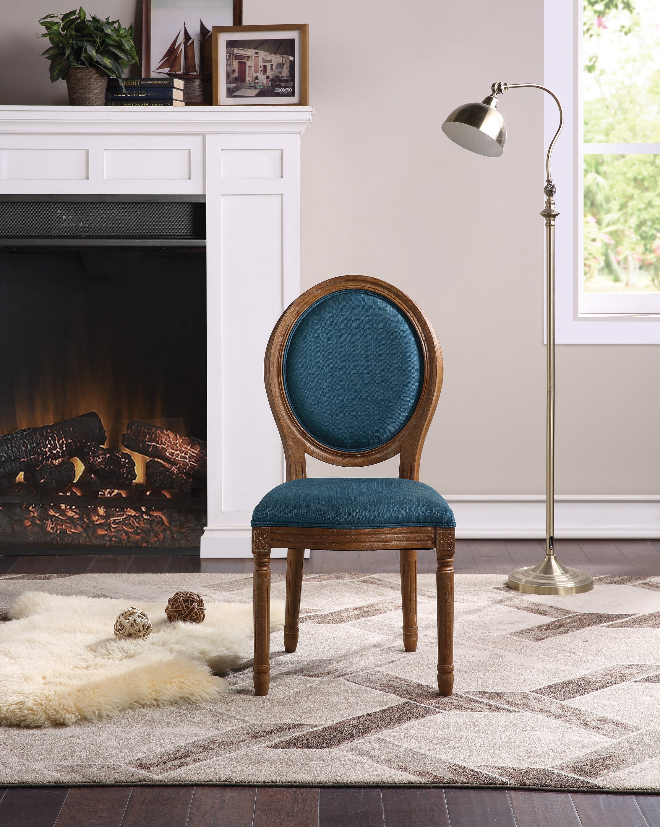 Lillian Oval Back Chair in Klein Azure Fabric with Brushed Frame