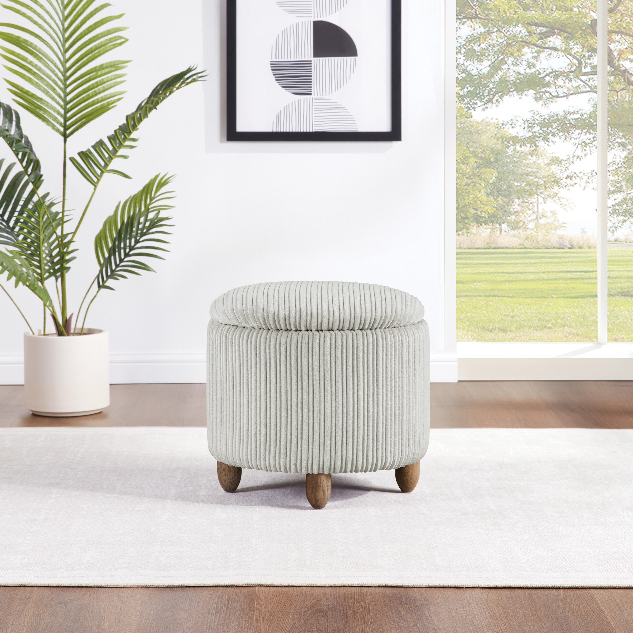 Lyra Storage Ottoman in Sherpa Parchment Fabric with Medium Oak Legs