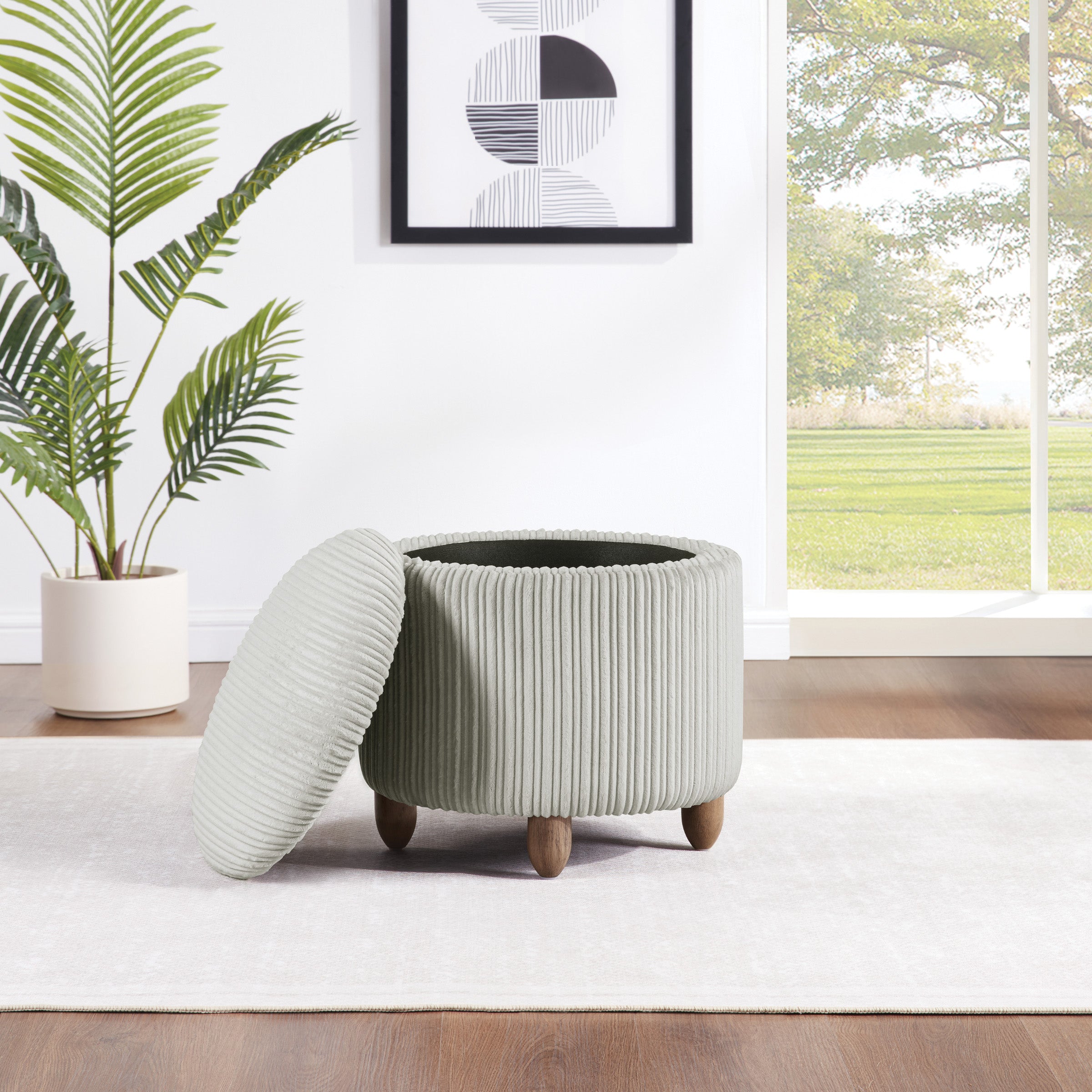 Lyra Storage Ottoman in Sherpa Parchment Fabric with Medium Oak Legs