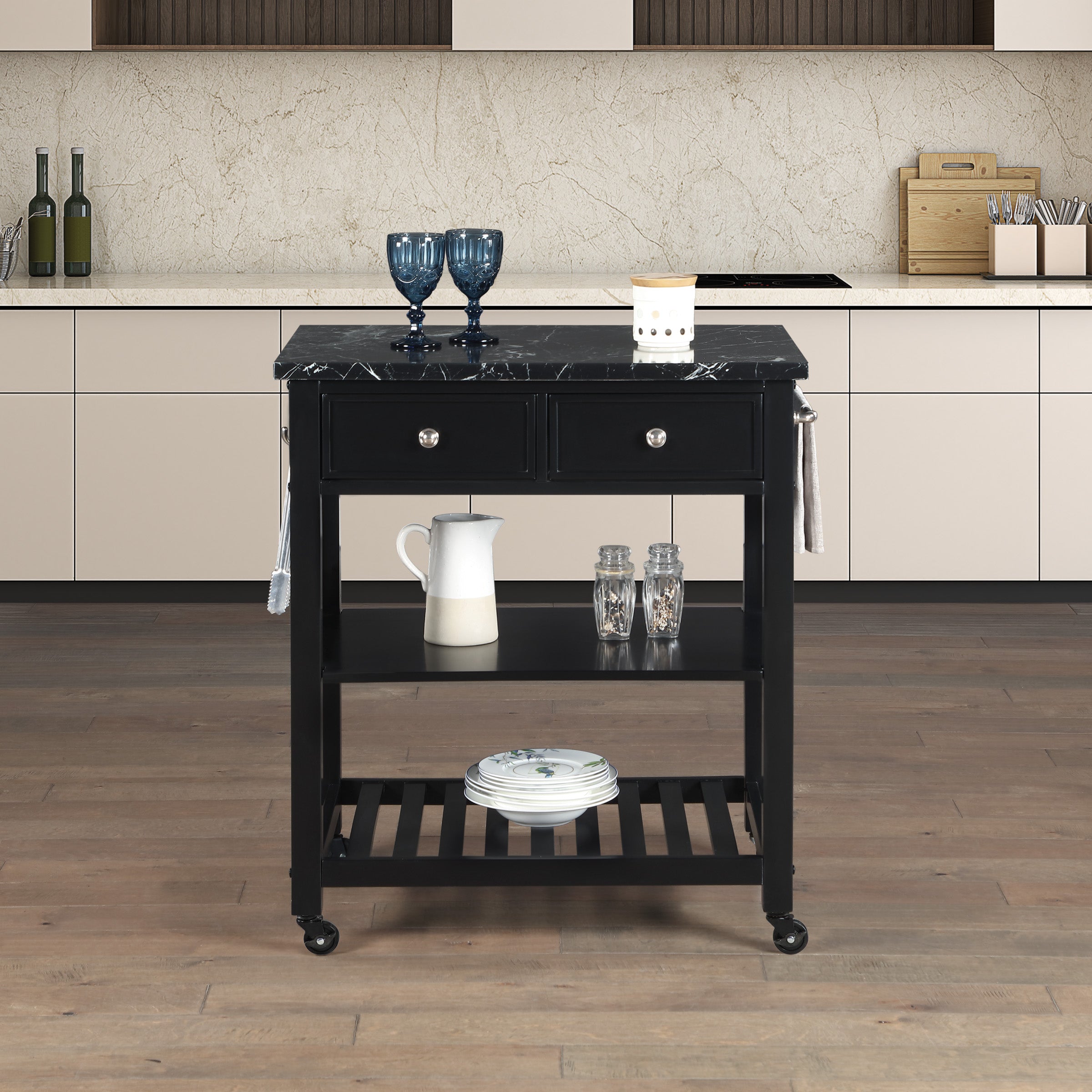Litchfield Kitchen Cart With Faux Marble Top in Black Finish