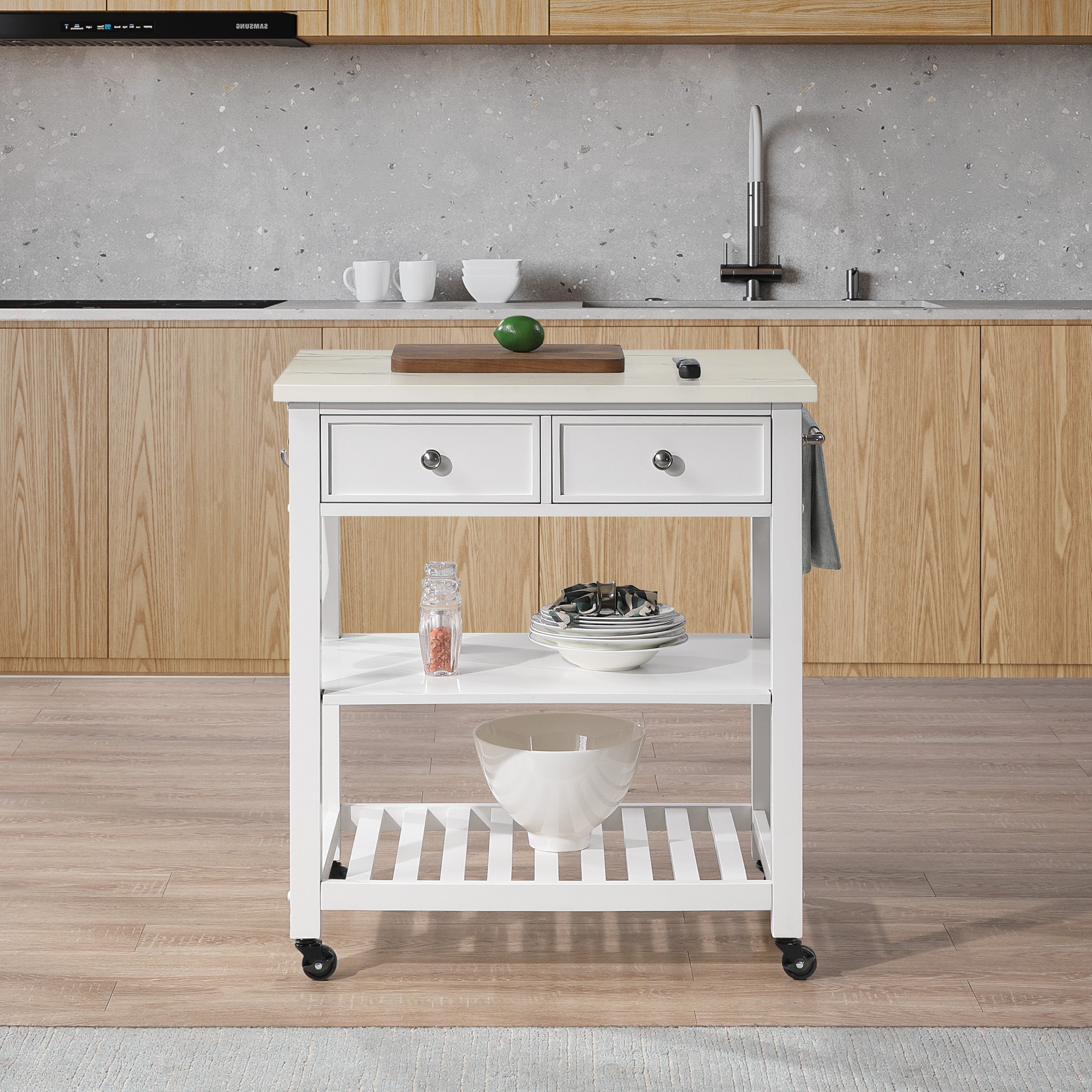 Litchfield Kitchen Cart With Faux Marble Top in White Finish