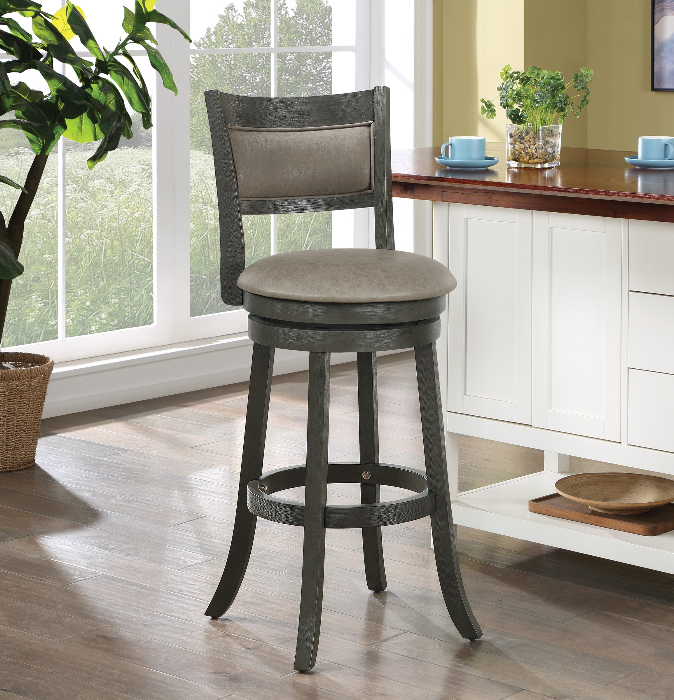 30" Swivel Stool in Dove Faux Leather Back Antique Grey Finish