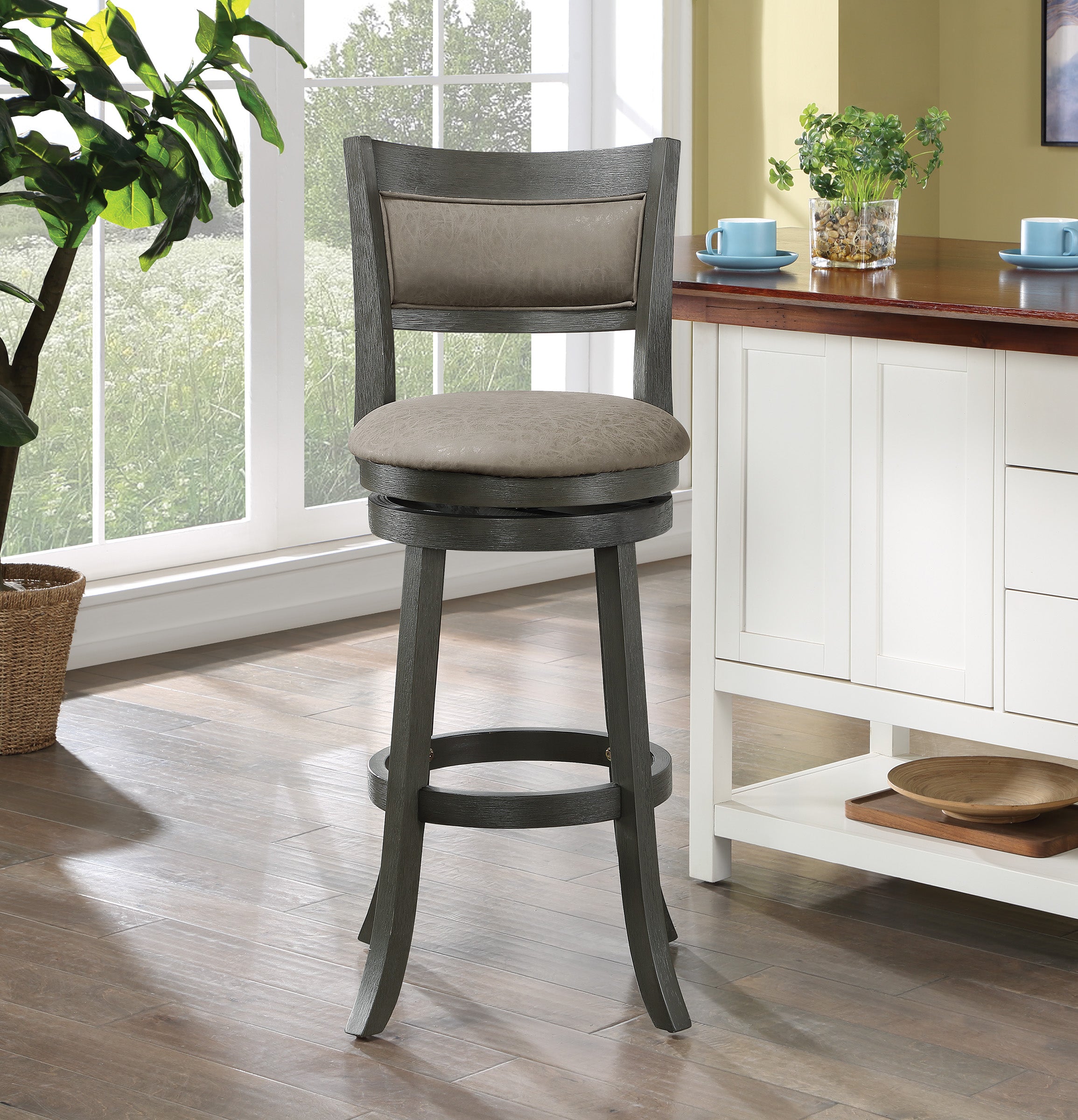 30" Swivel Stool in Dove Faux Leather Back Antique Grey Finish