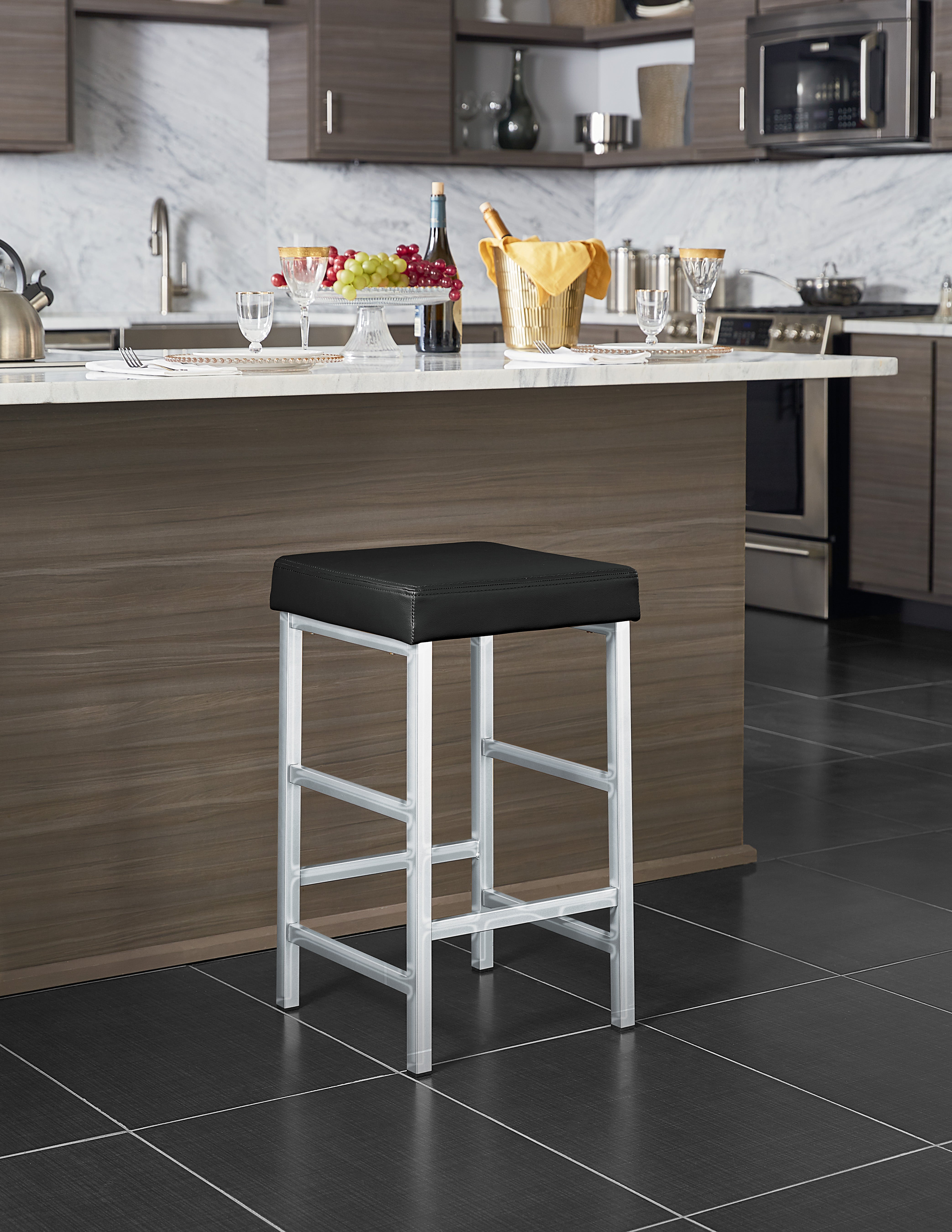 26" Polished Chrome Backless Stool - Black