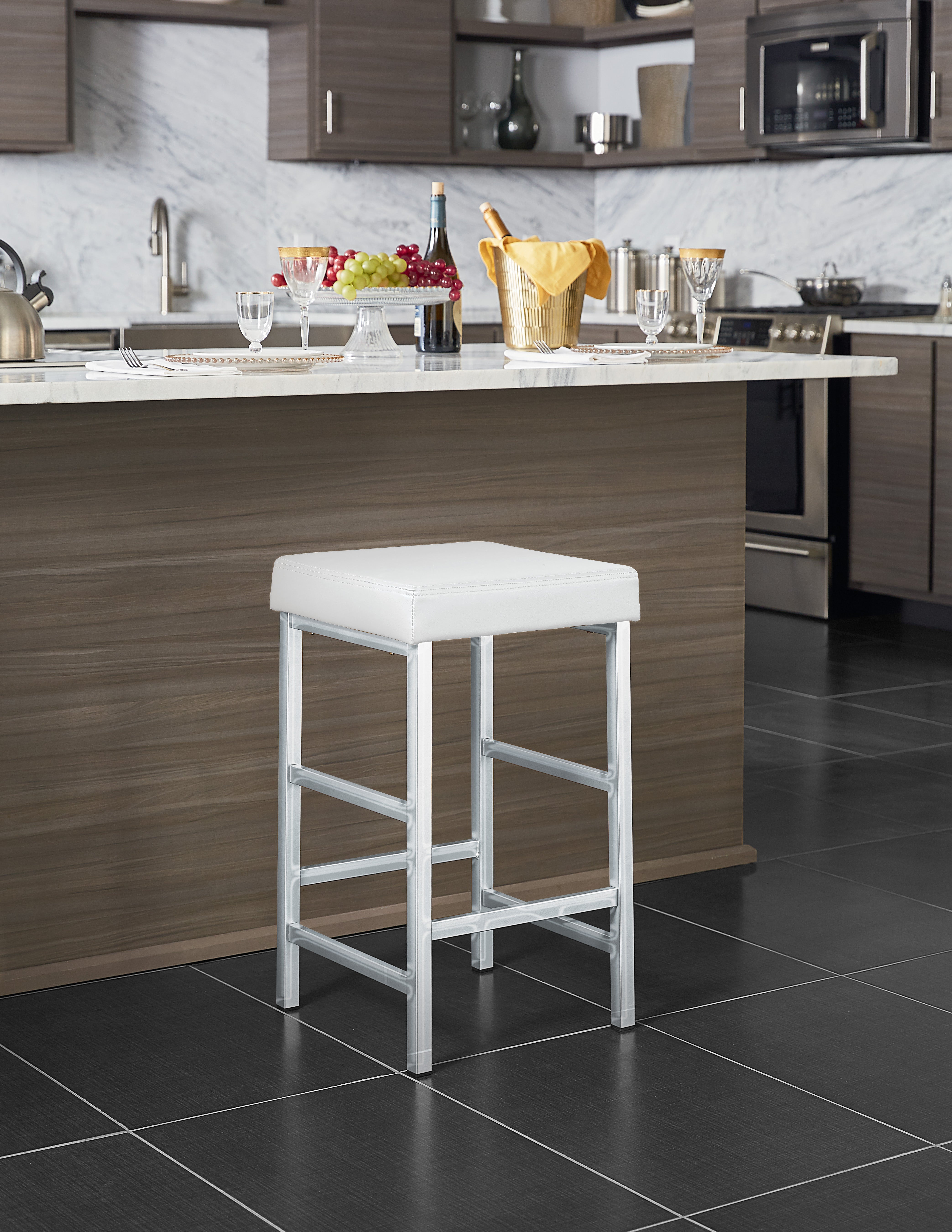 26" Polished Chrome Backless Stool - White