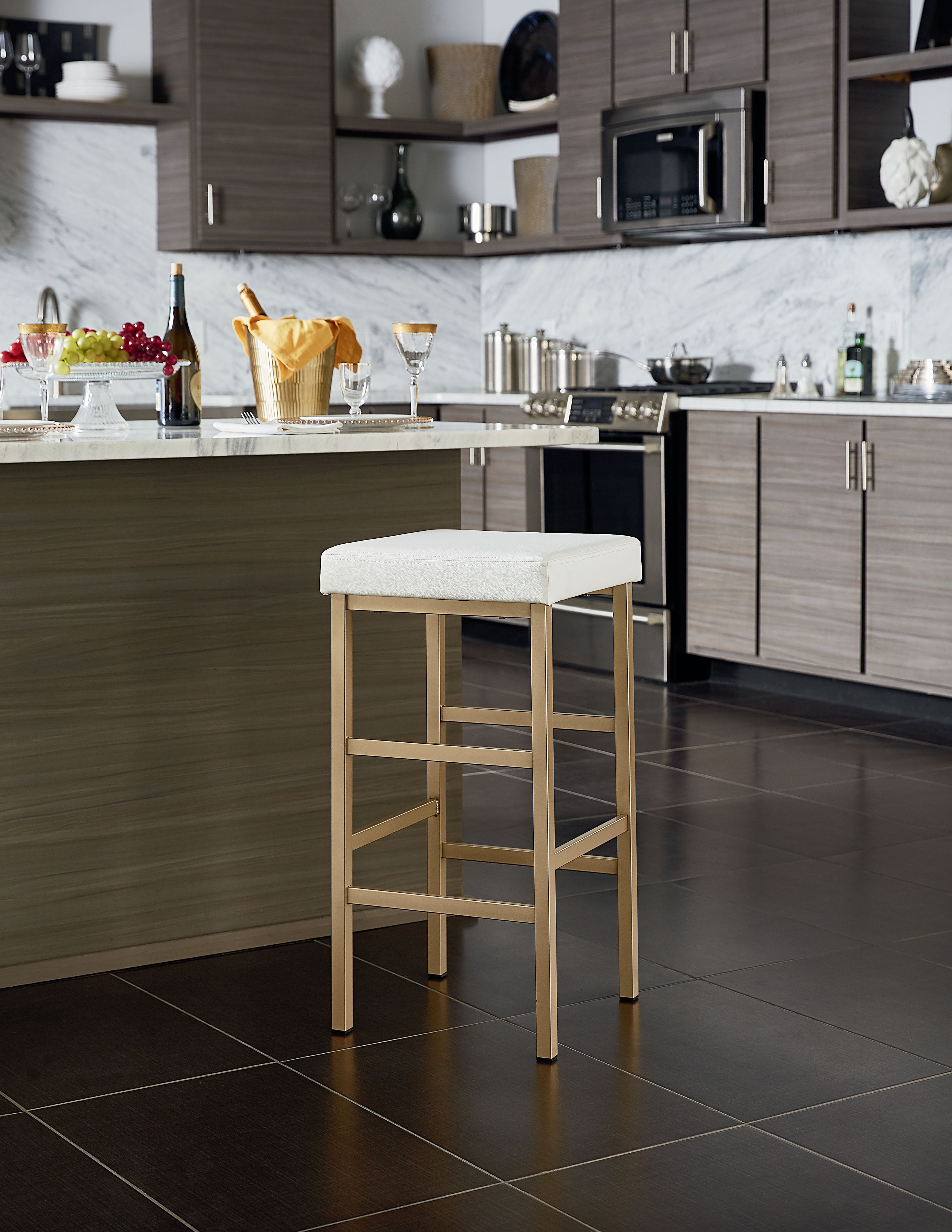 30" Gold Backless Stool - White