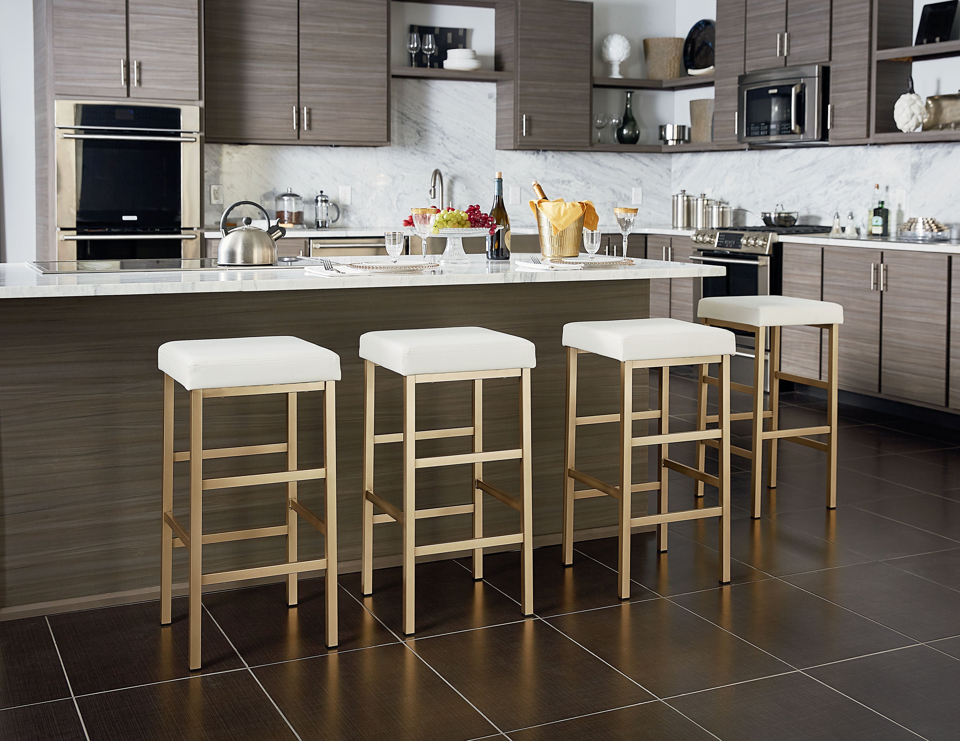 30" Gold Backless Stool - White