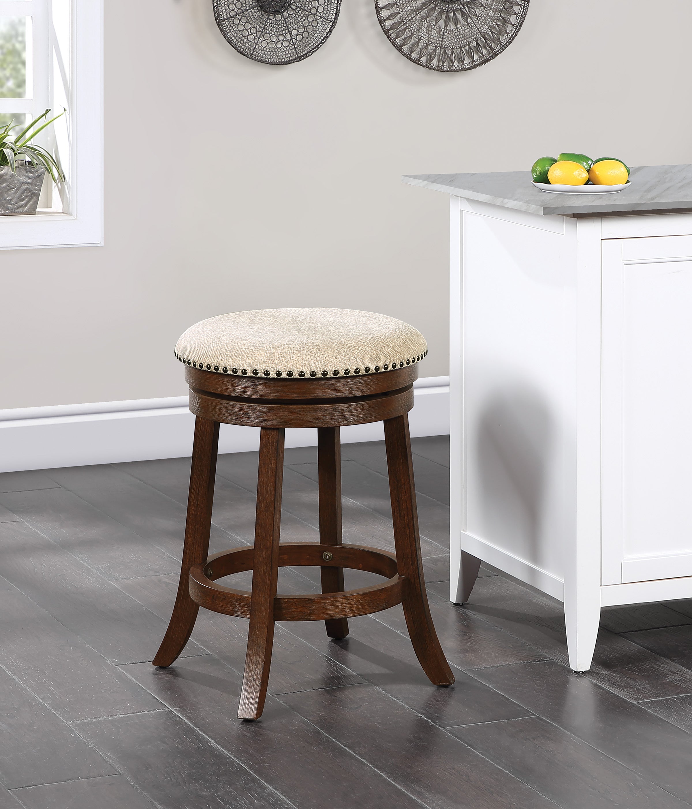 Round Backless Swivel Stool 2 Pack - Beige / Dark Walnut