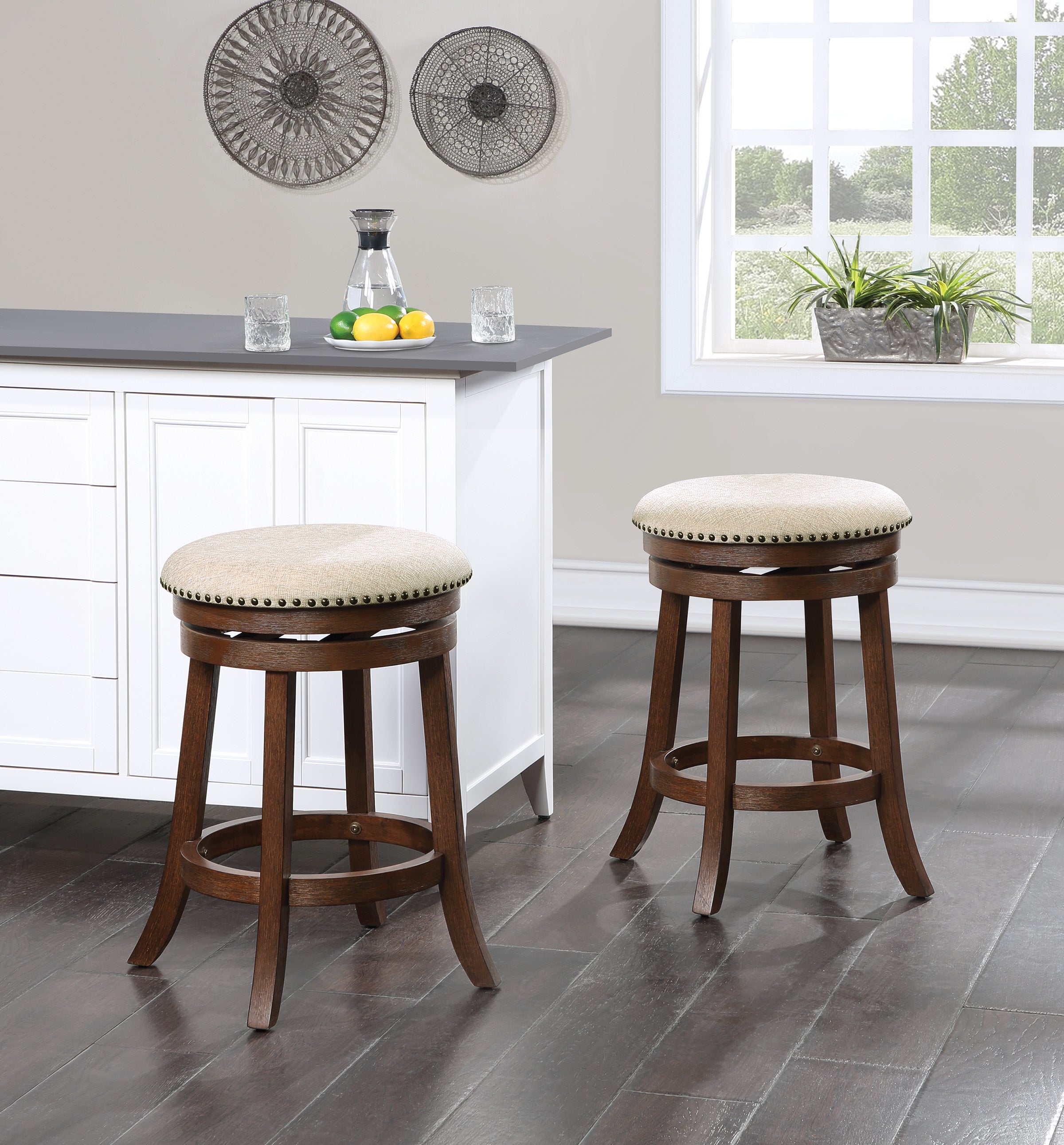 Round Backless Swivel Stool 2 Pack - Beige / Dark Walnut
