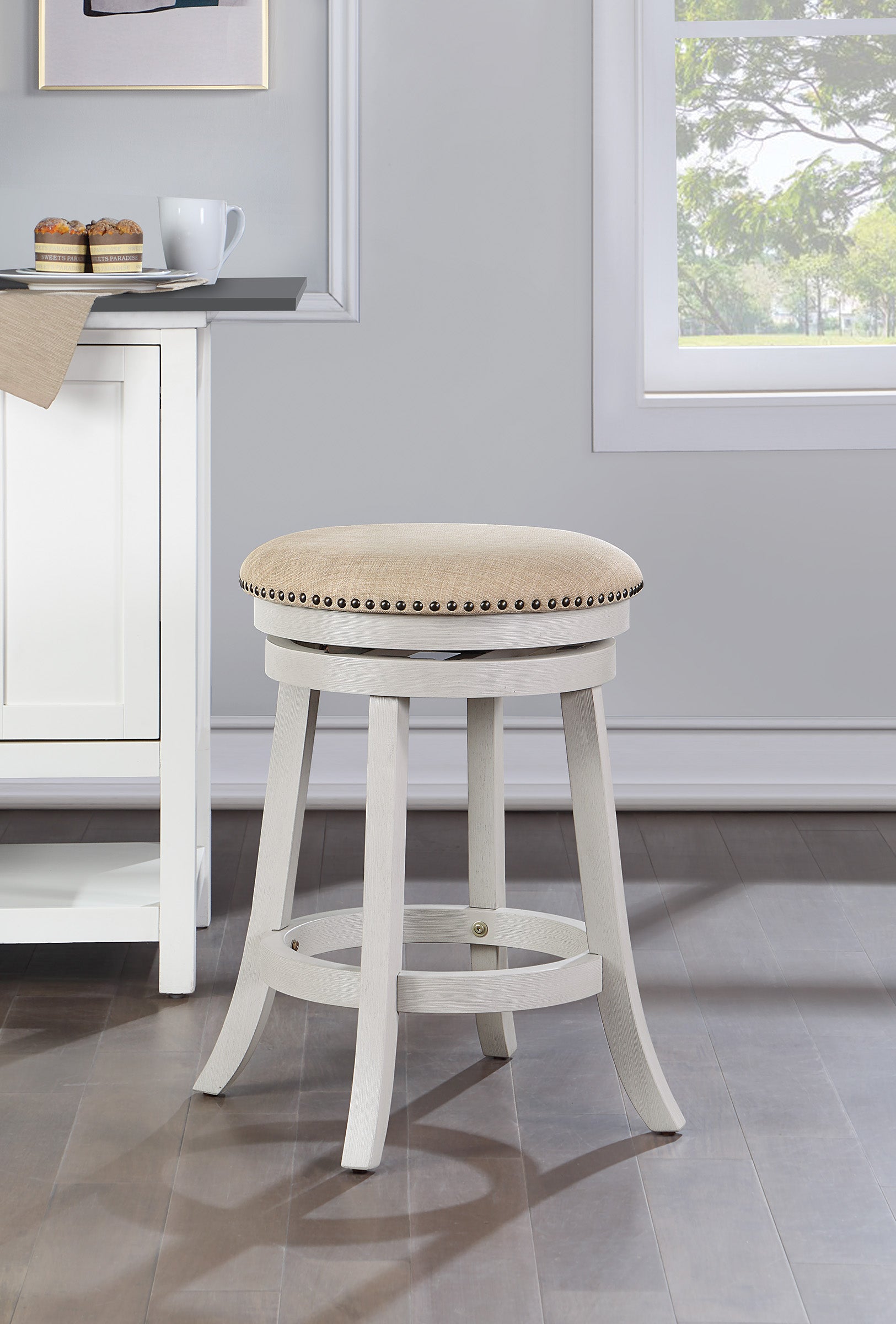 Round Backless Swivel Stool 2-Pack - Beige / White Washed