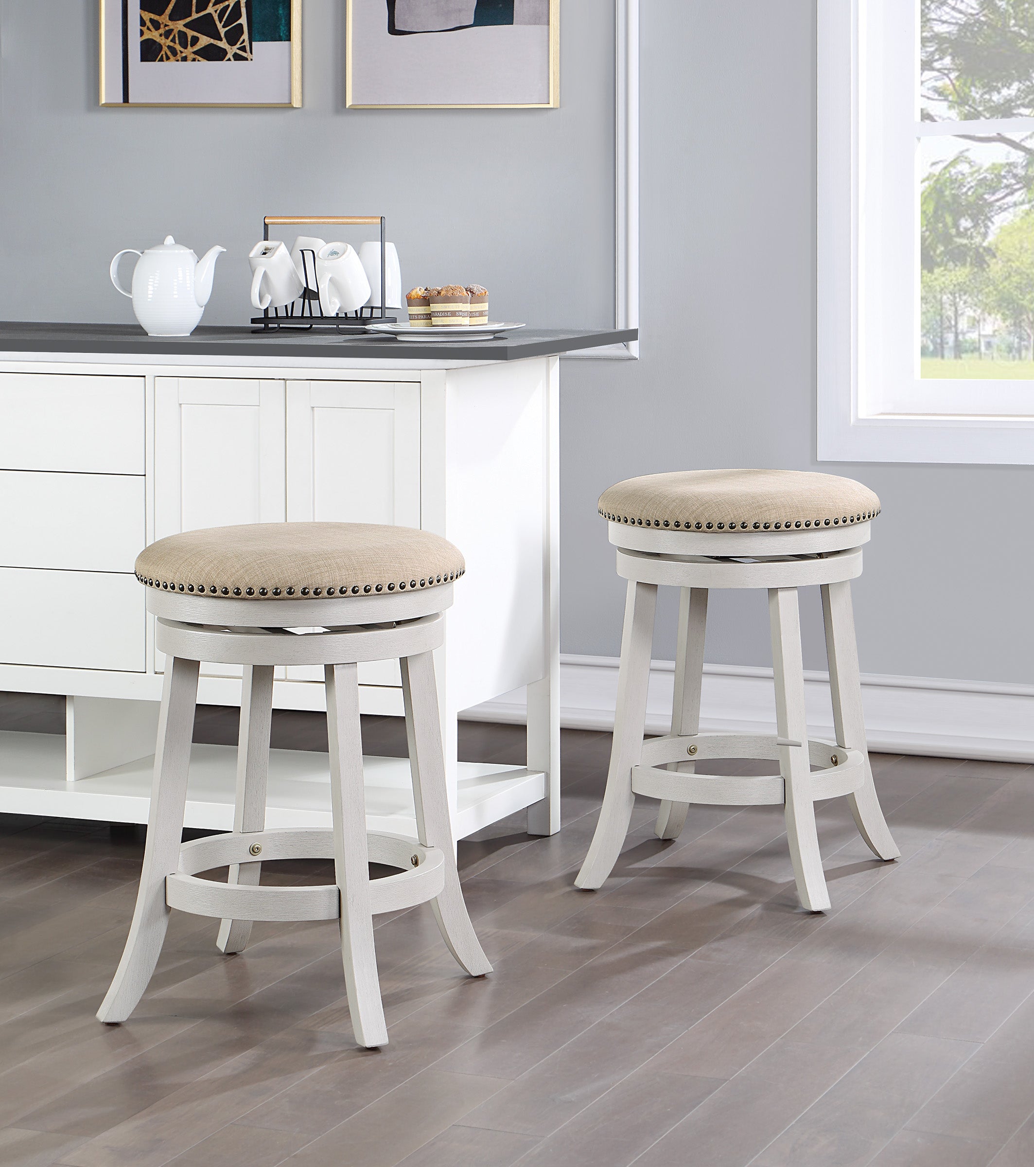 Round Backless Swivel Stool 2-Pack - Beige / White Washed
