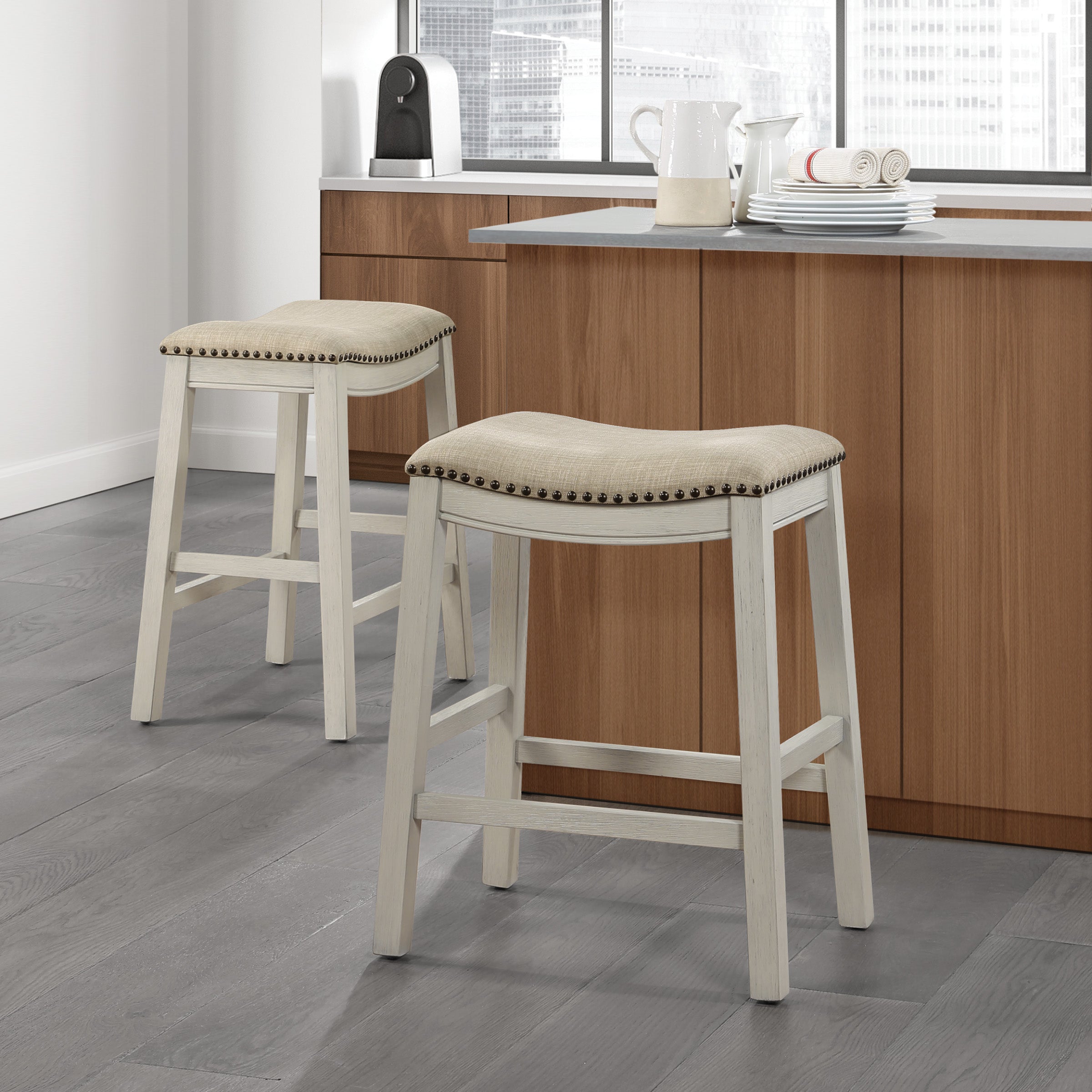 24" Saddle Stool 2-Pack - Beige/White Washed