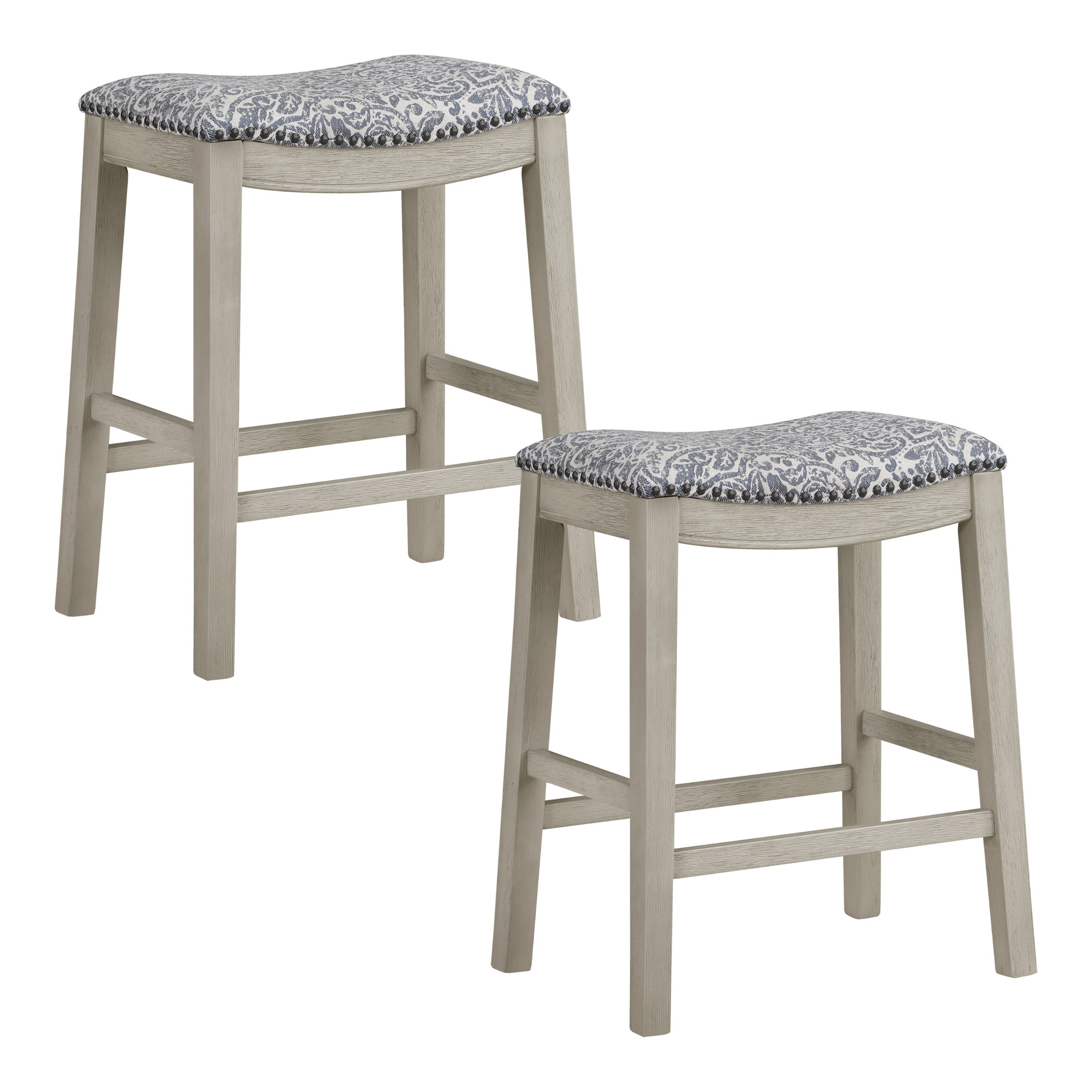 24" Saddle Stool 2-Pack - Damask Navy / White Washed