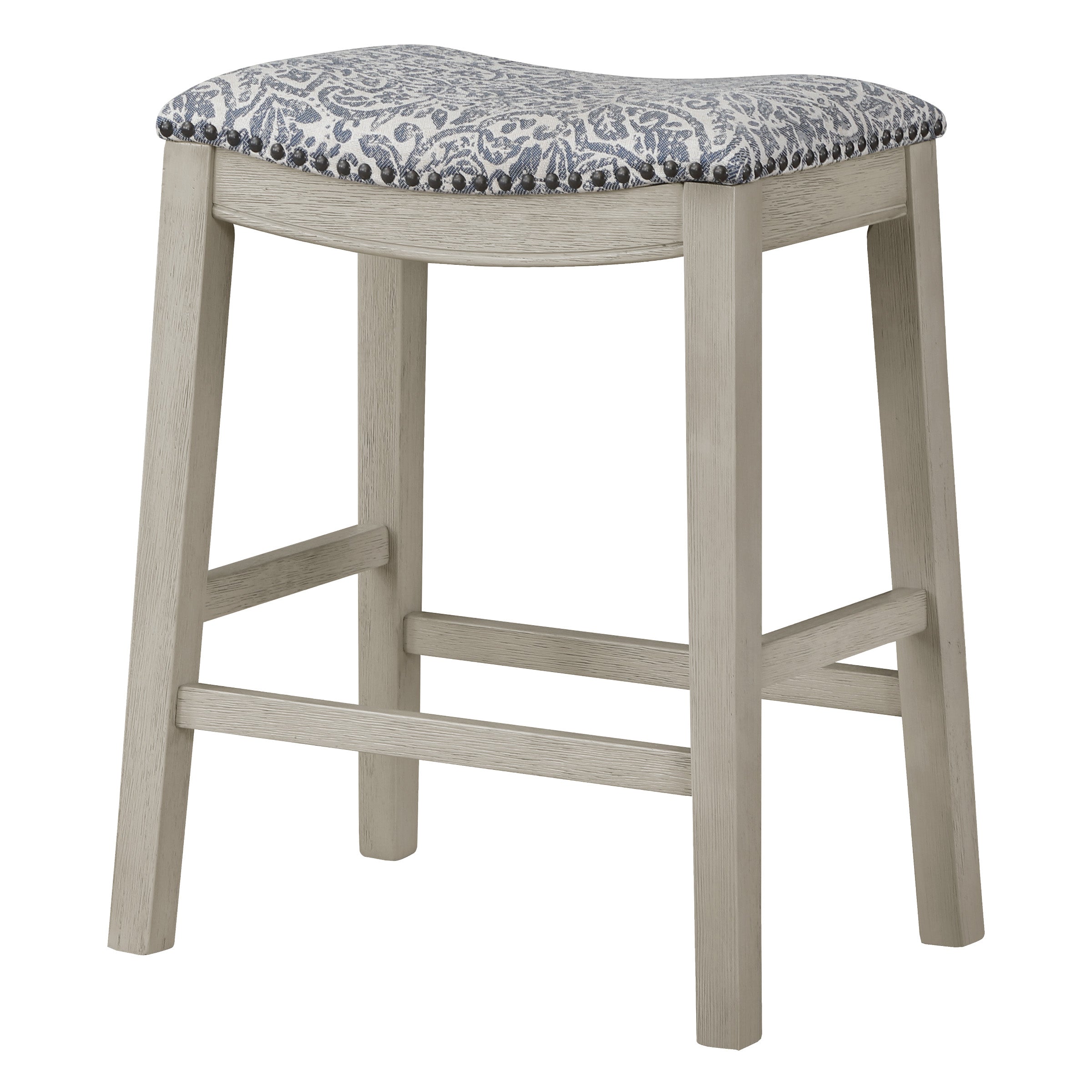 24" Saddle Stool 2-Pack - Damask Navy / White Washed