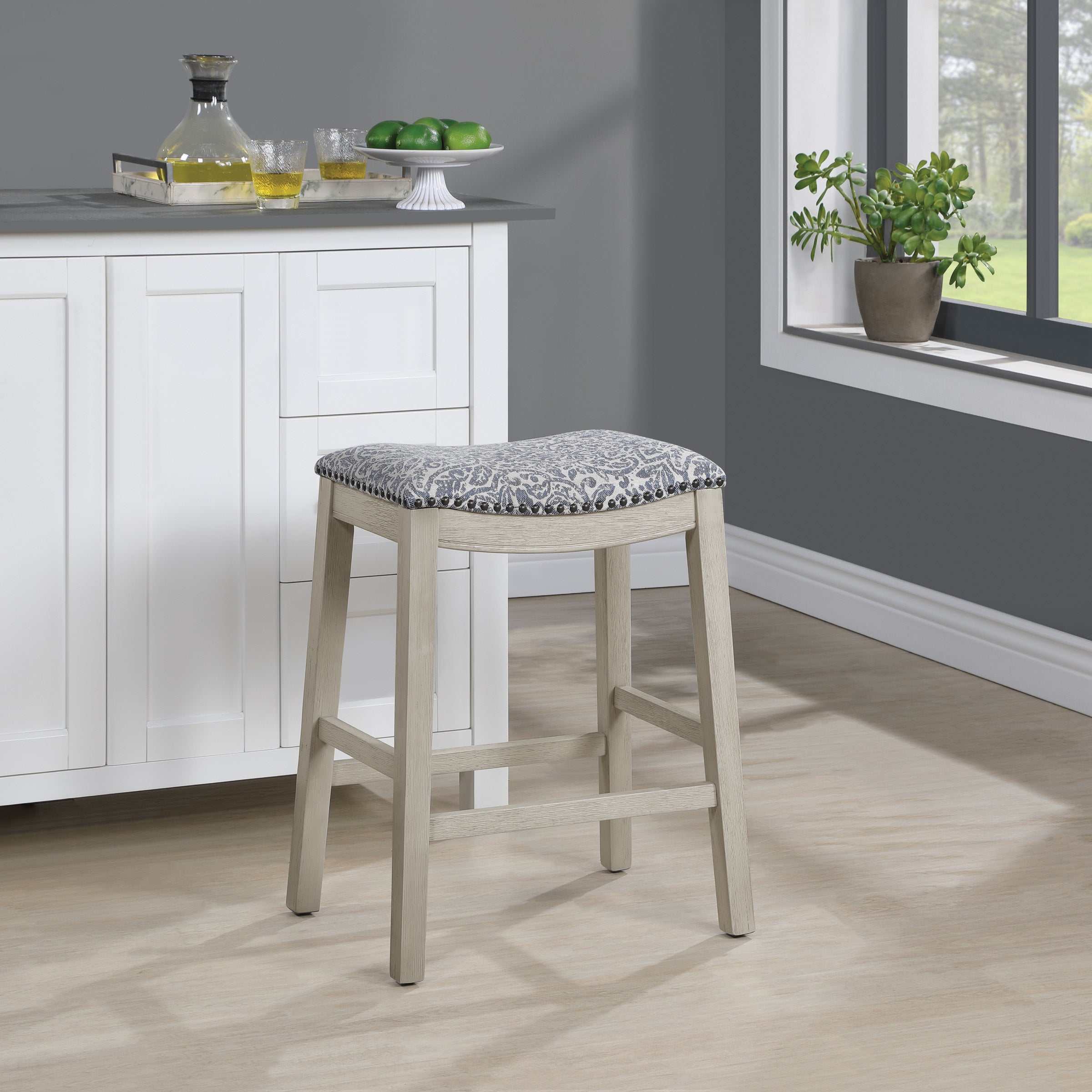24" Saddle Stool 2-Pack - Damask Navy / White Washed