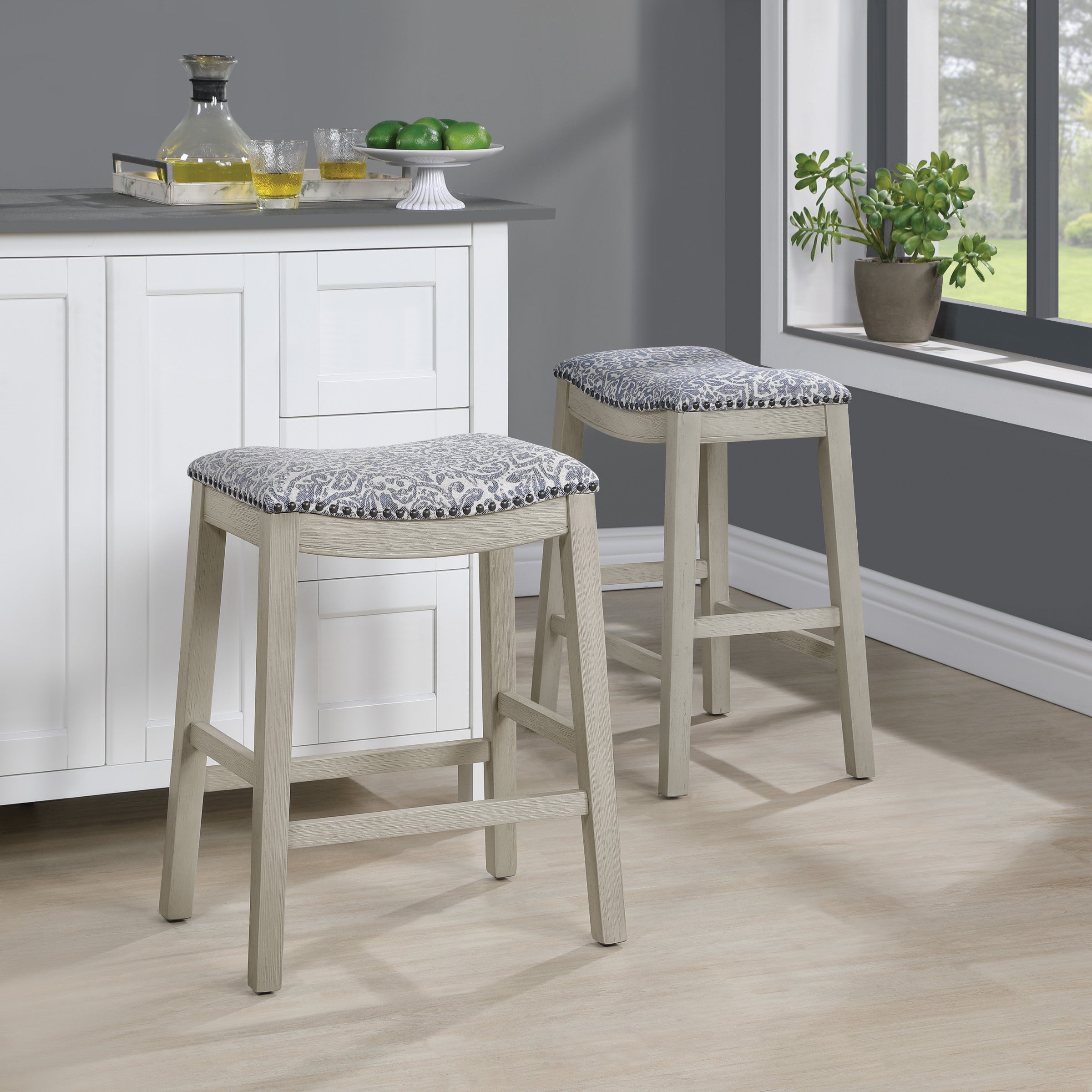 24" Saddle Stool 2-Pack - Damask Navy / White Washed