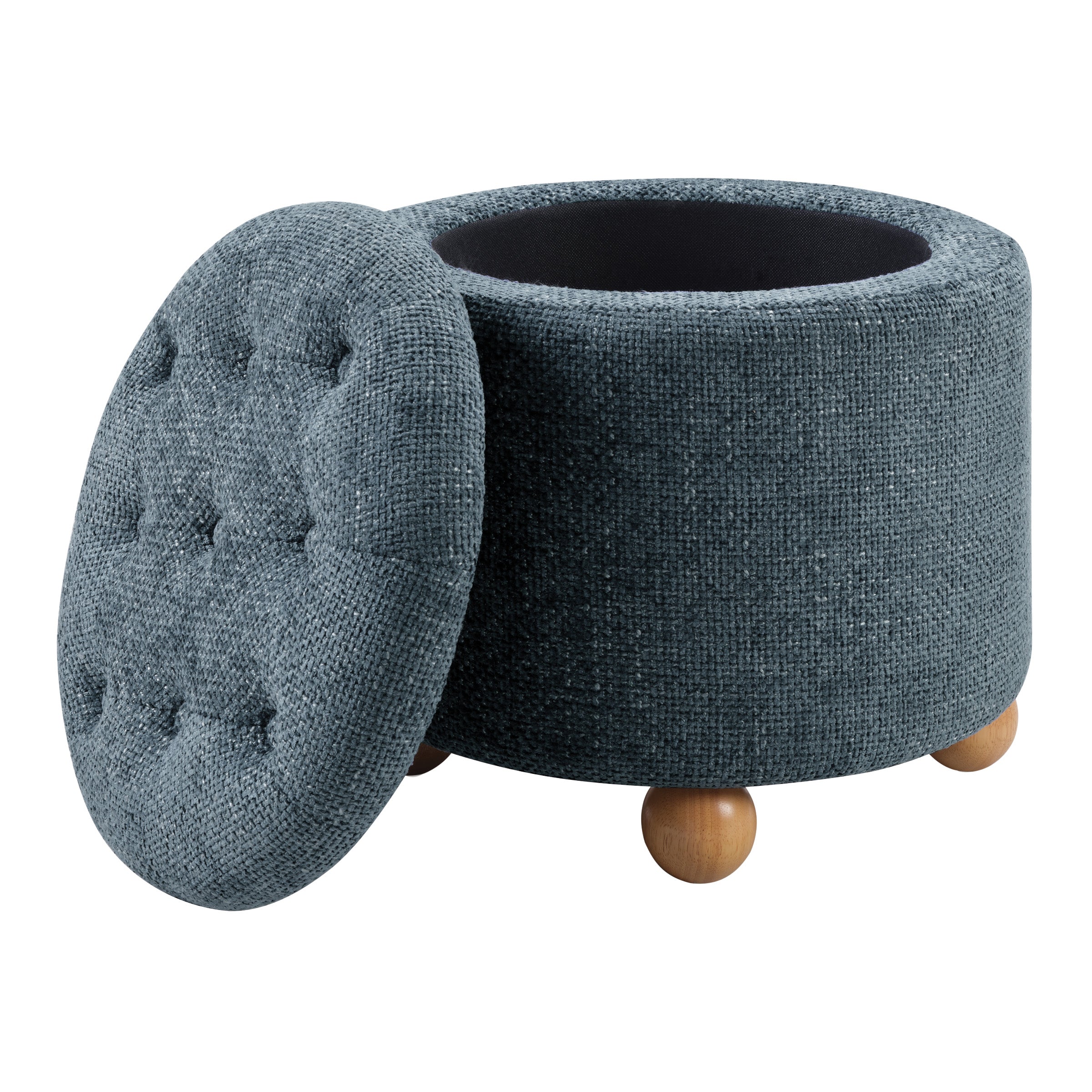 Naomi Storage Ottoman in Blue Fabric with Natural Round Wood Feet