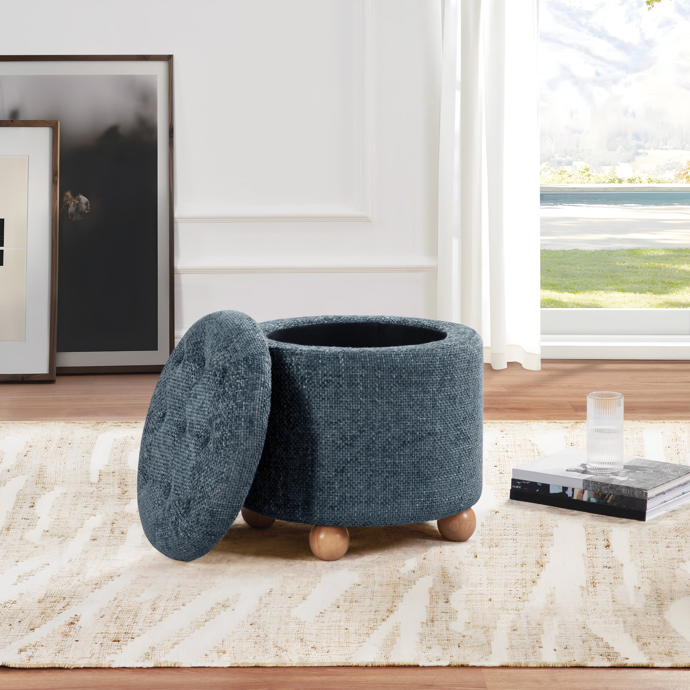 Naomi Storage Ottoman in Blue Fabric with Natural Round Wood Feet