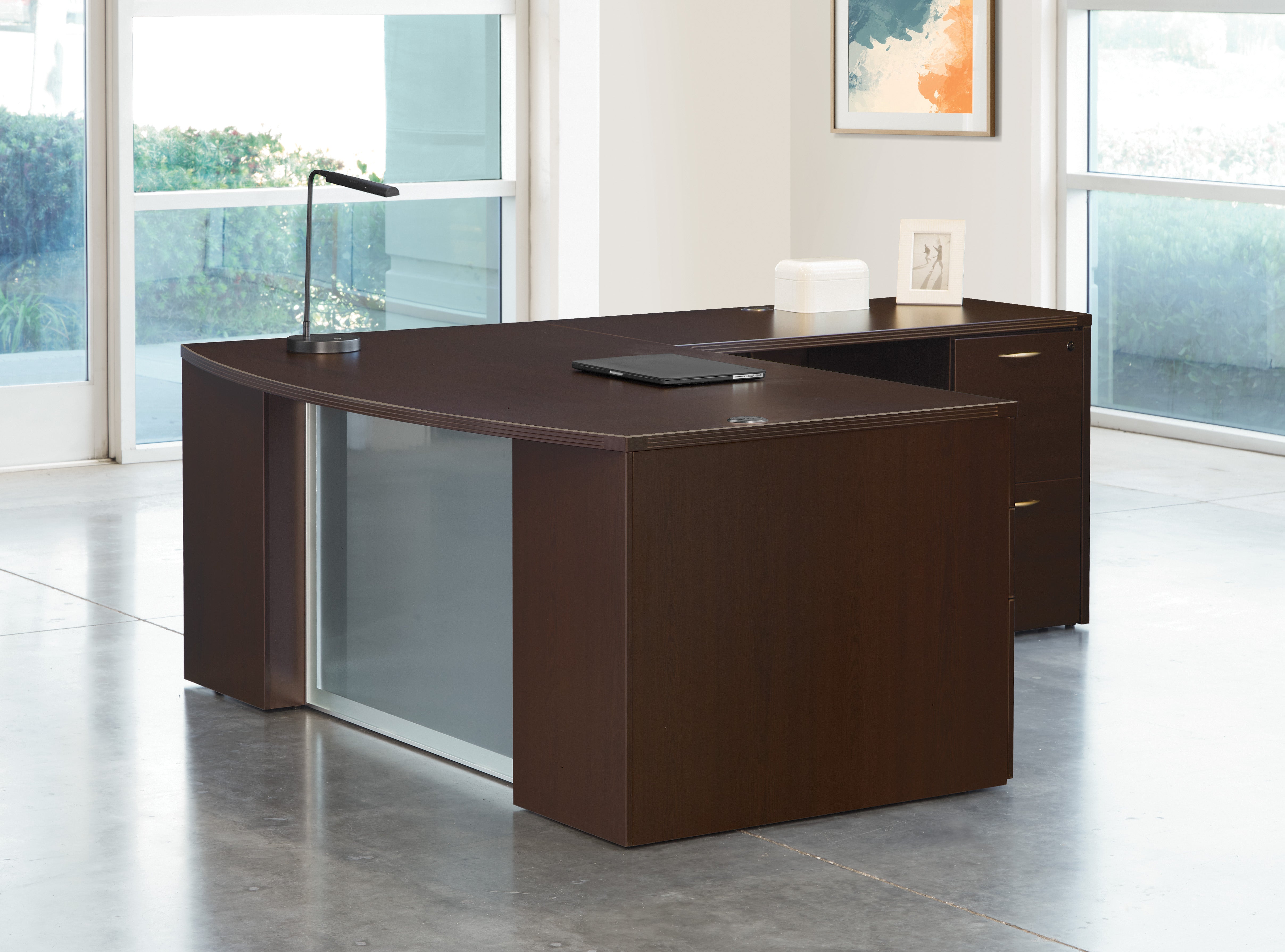 Napa L-Shape w/ Bow Top Desk and Glass Modesty Panel 71" x 88" - Espresso