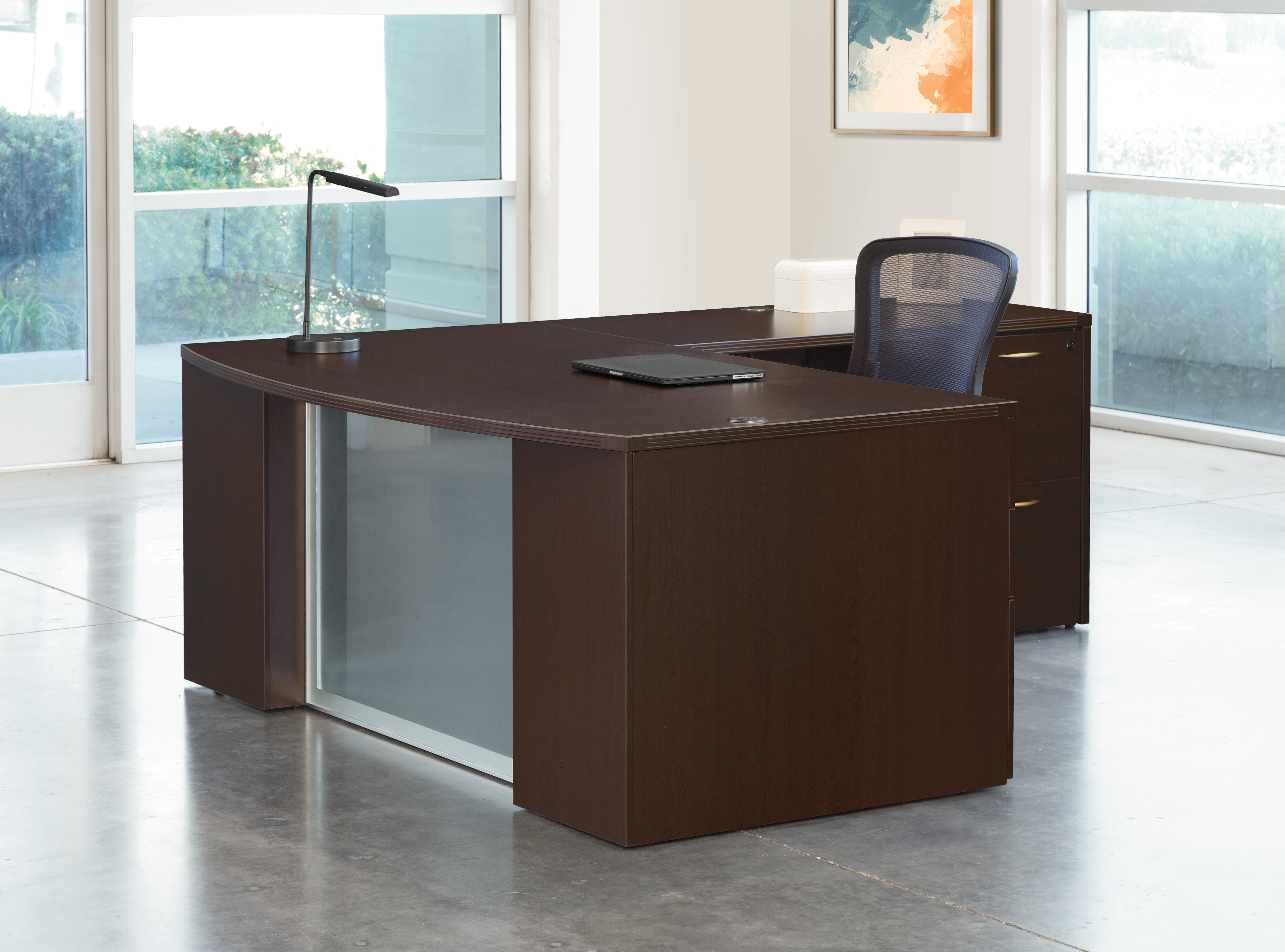 Napa L-Shape w/ Bow Top Desk and Glass Modesty Panel 71" x 88" - Espresso