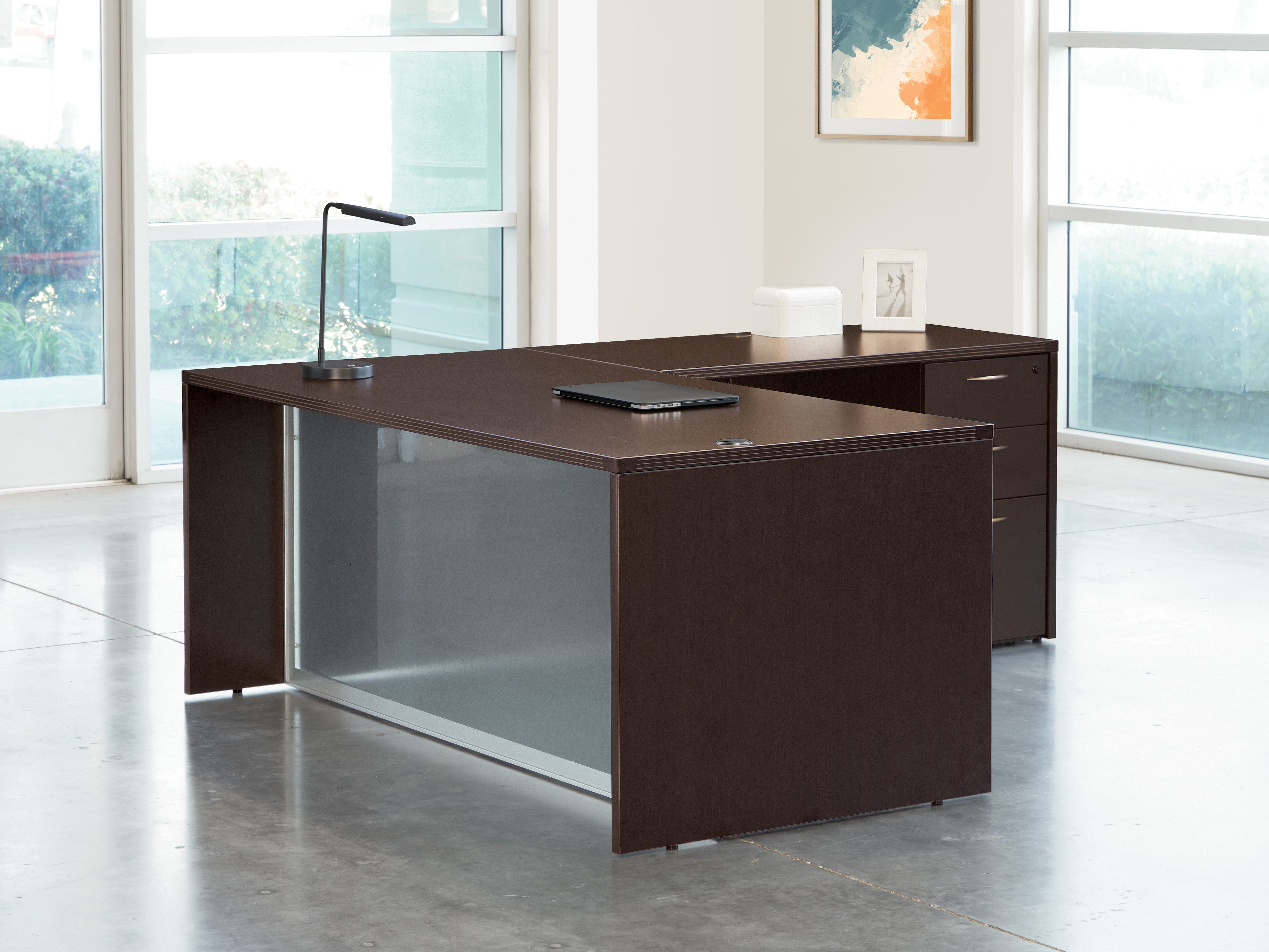 L-Shape W/Glass Modesty Panel 71" x 84" - Espresso