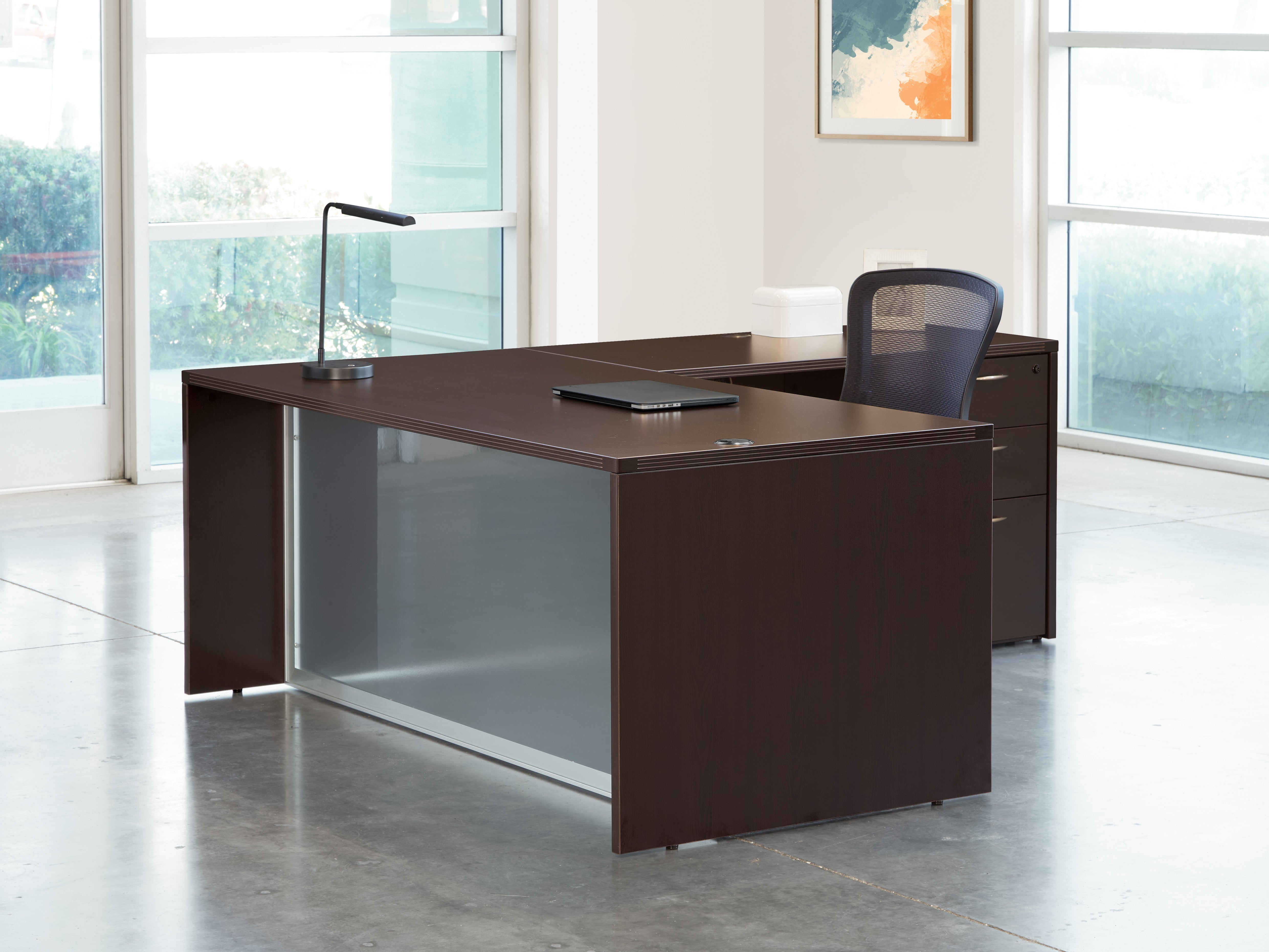 L-Shape W/Glass Modesty Panel 71" x 84" - Espresso