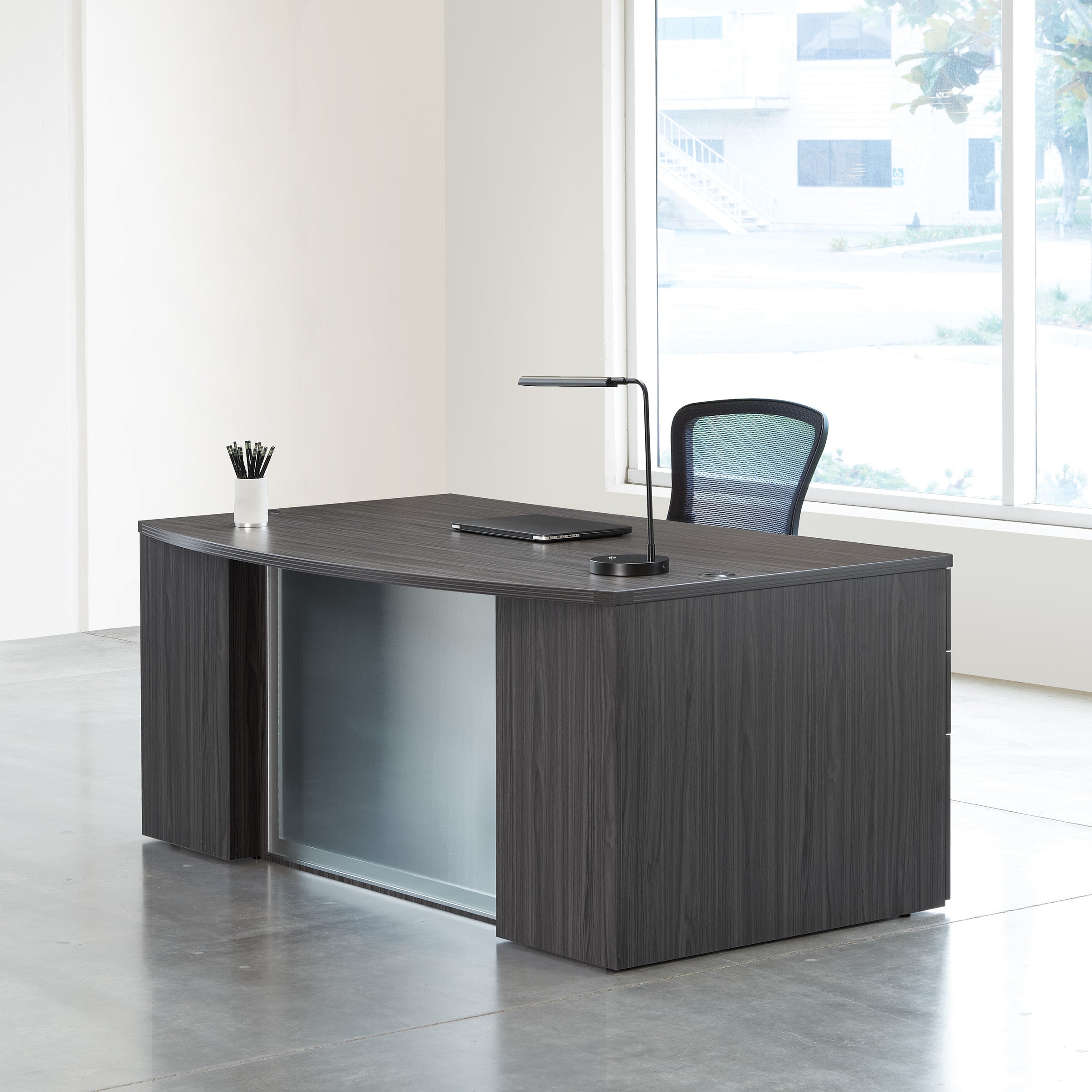 Napa Bow Top Desk with Modesty Panel 71" x 40" - Slate Grey
